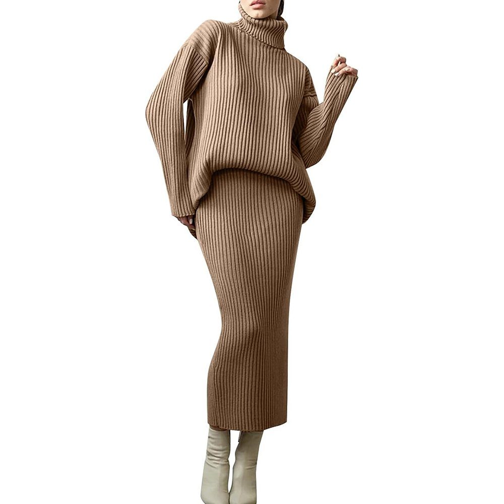 Zeaicos 2-in-1-Kleid Damen Pulloverkleid 2 Stück Set Strickpullover Khaki