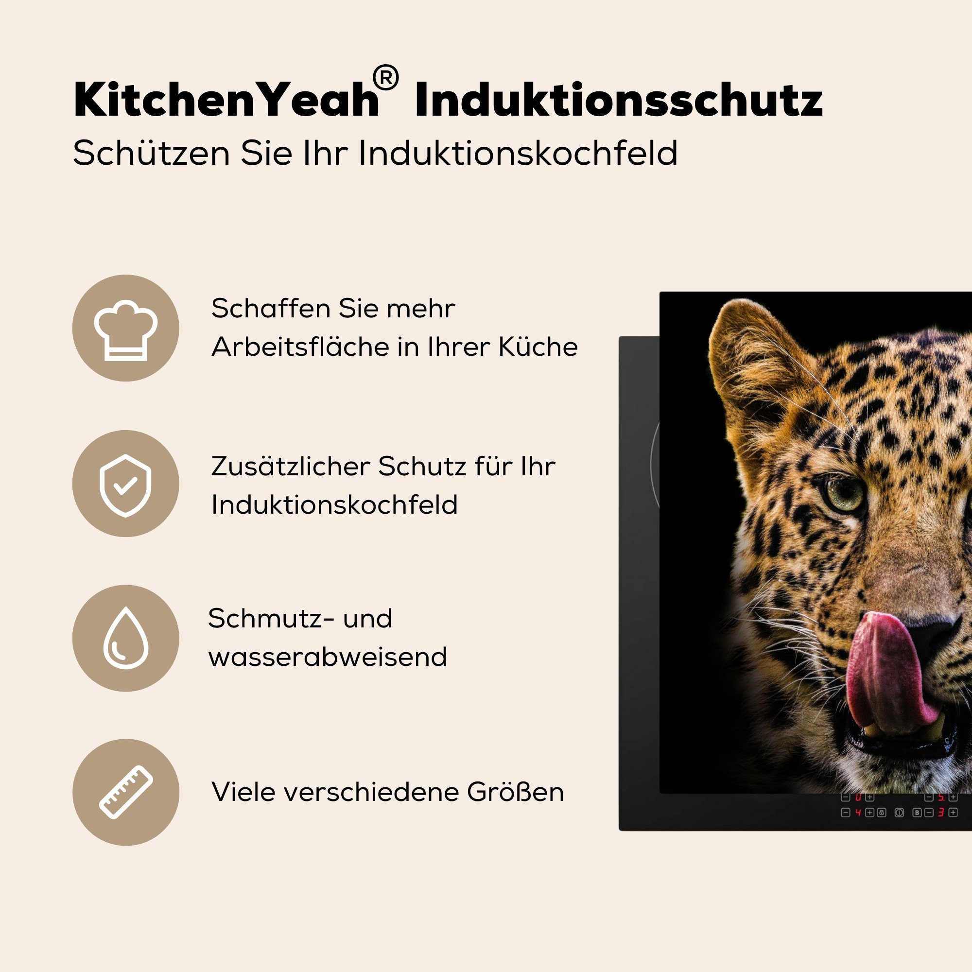 Induktionsmatte für Nahaufnahme, MuchoWow Leopard tlg), - Ceranfeldabdeckung küche, (1 die 59x52 Vinyl, cm, Herdblende-/Abdeckplatte - Schwarz