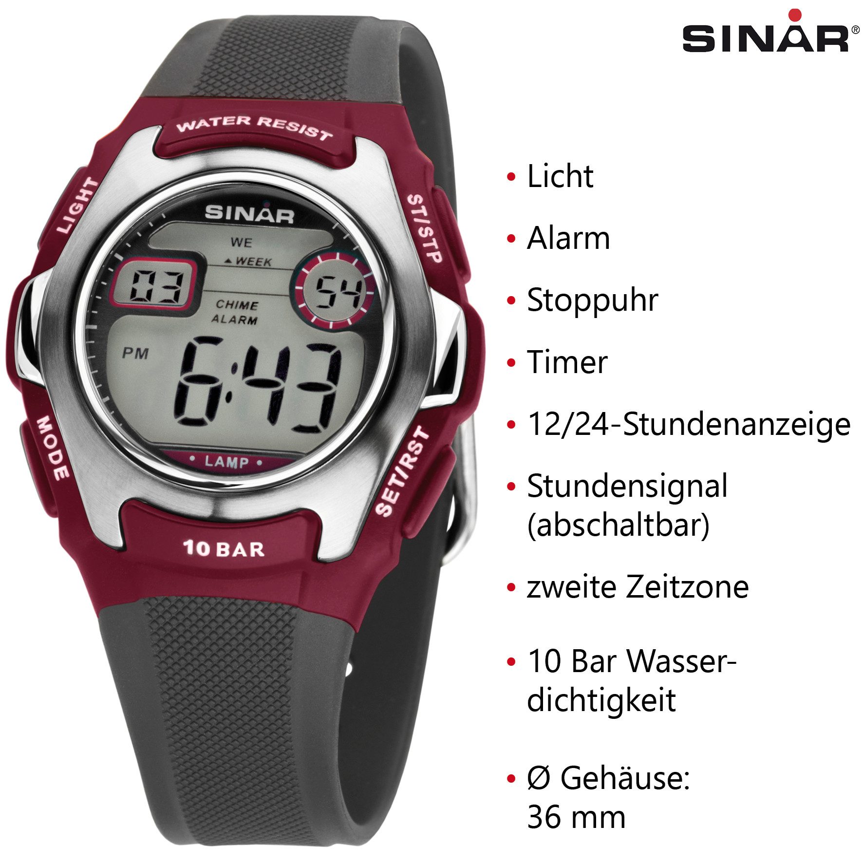 SINAR Digitaluhr XE-50 Jugend Armbanduhr Sportuhr PU-Band 10 bar, digital sportlich modern Geschenkidee Jugend Ø 36 mm