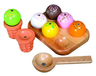 ESTIA Holzspielwaren Spiellebensmittel Eiscreme Set aus 2 Waffeln, Eislöffel, 6 Eiskugeln