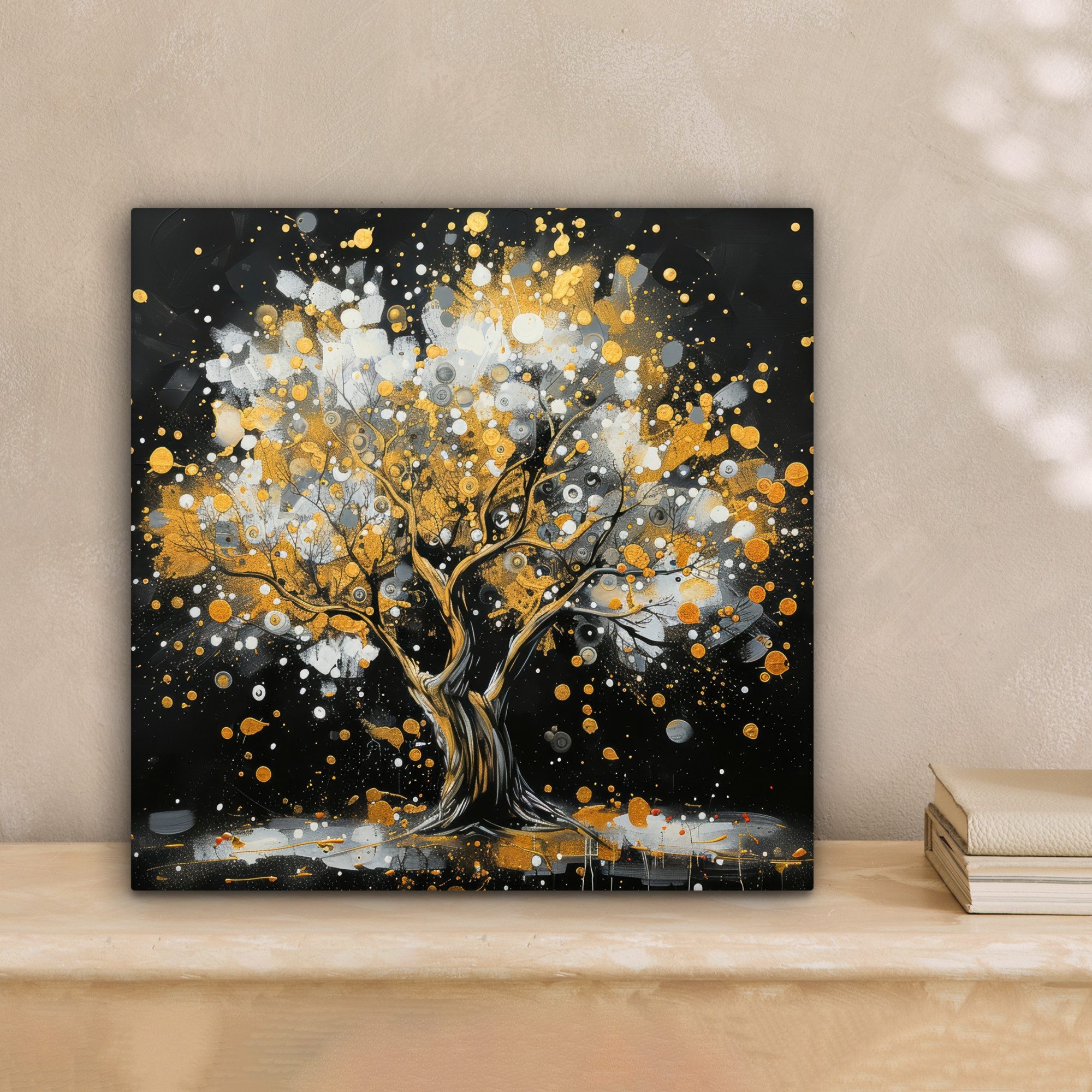 OneMillionCanvasses® Leinwandbild Baum - Schwarz - Gold - Weiß - Modern, Fotodruck (1 St), Wandbild, Deko Schlafzimmer Wohnzimmer Flur 20x20 cm