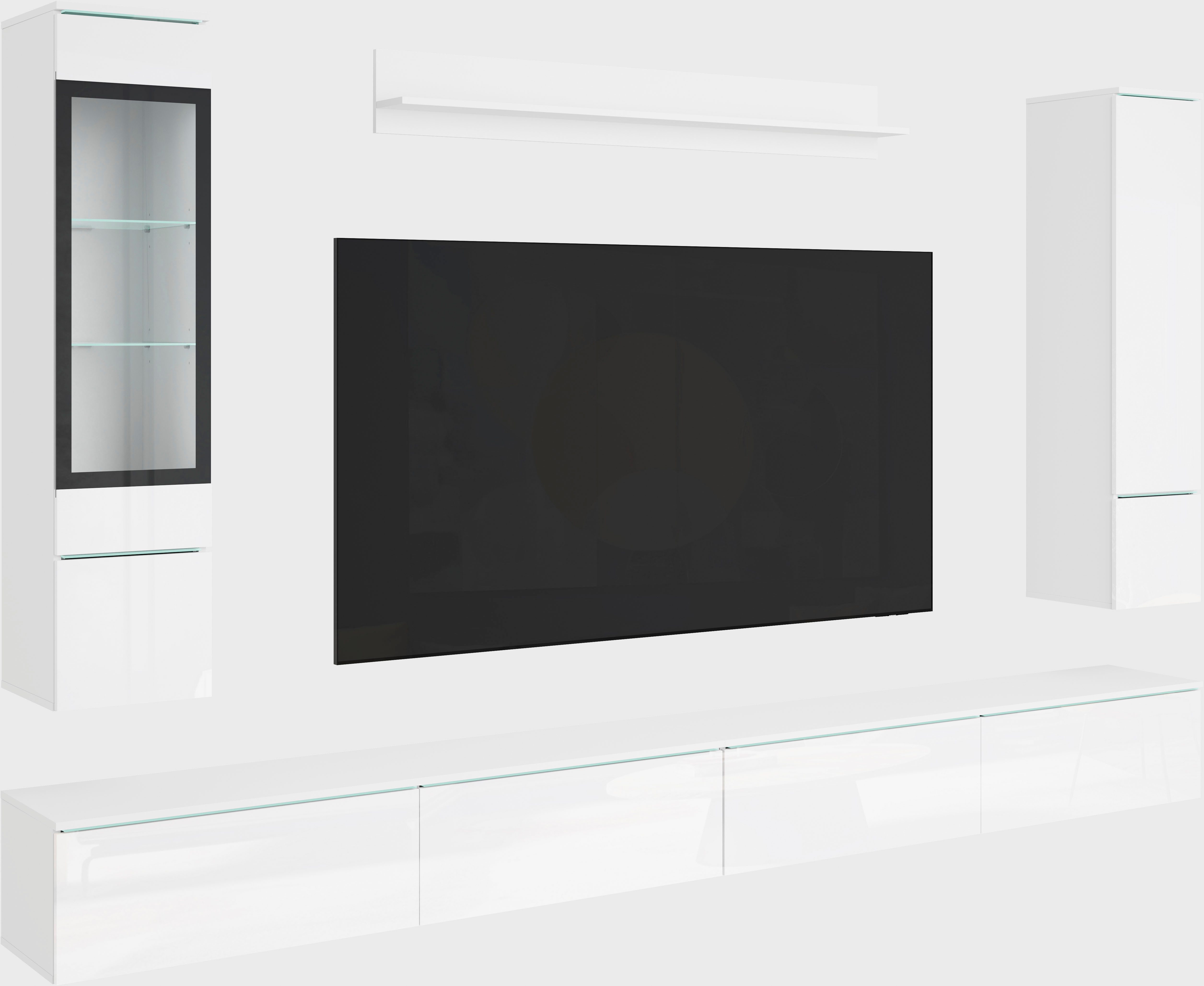 Home affaire Wohnwand Vera, Breite 300 cm, (Komplett-Set, 5-St), Mit LED, Glasvitrine, grifflose Fronten