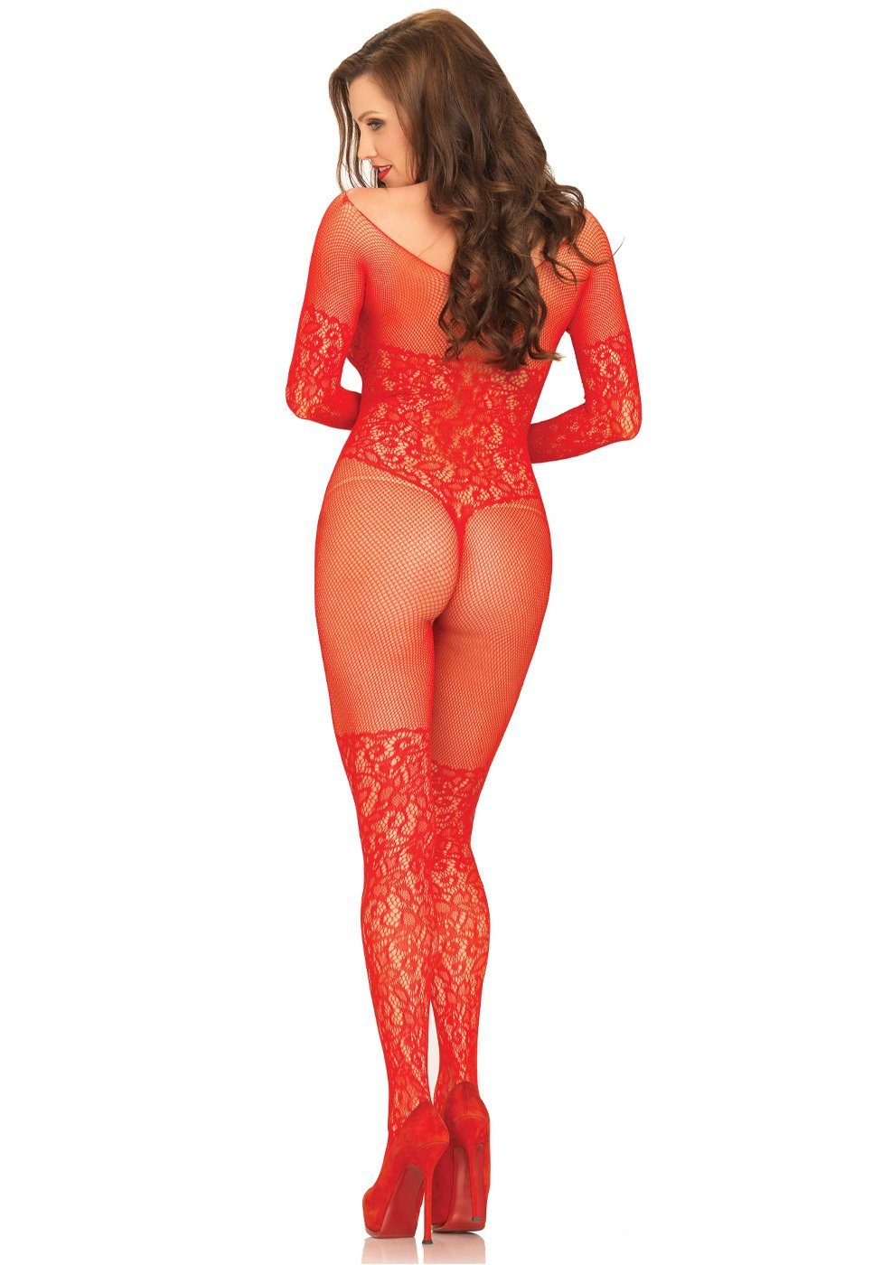 Leg Avenue Bodystocking Bodystocking mit Spitze - rot (1 St) aus elastischem Netz-Stoff