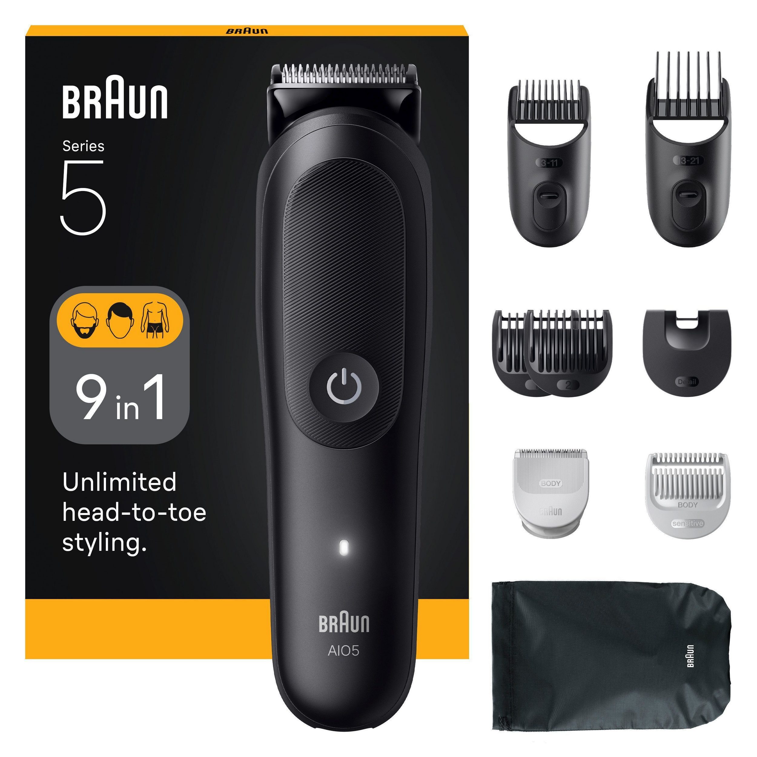 Braun Haarschneider Braun All-in-One Series 5, 9-in-1 Set, ultrascharfe Klinge, 120 Min Akku, SkinGuard-Technologie
