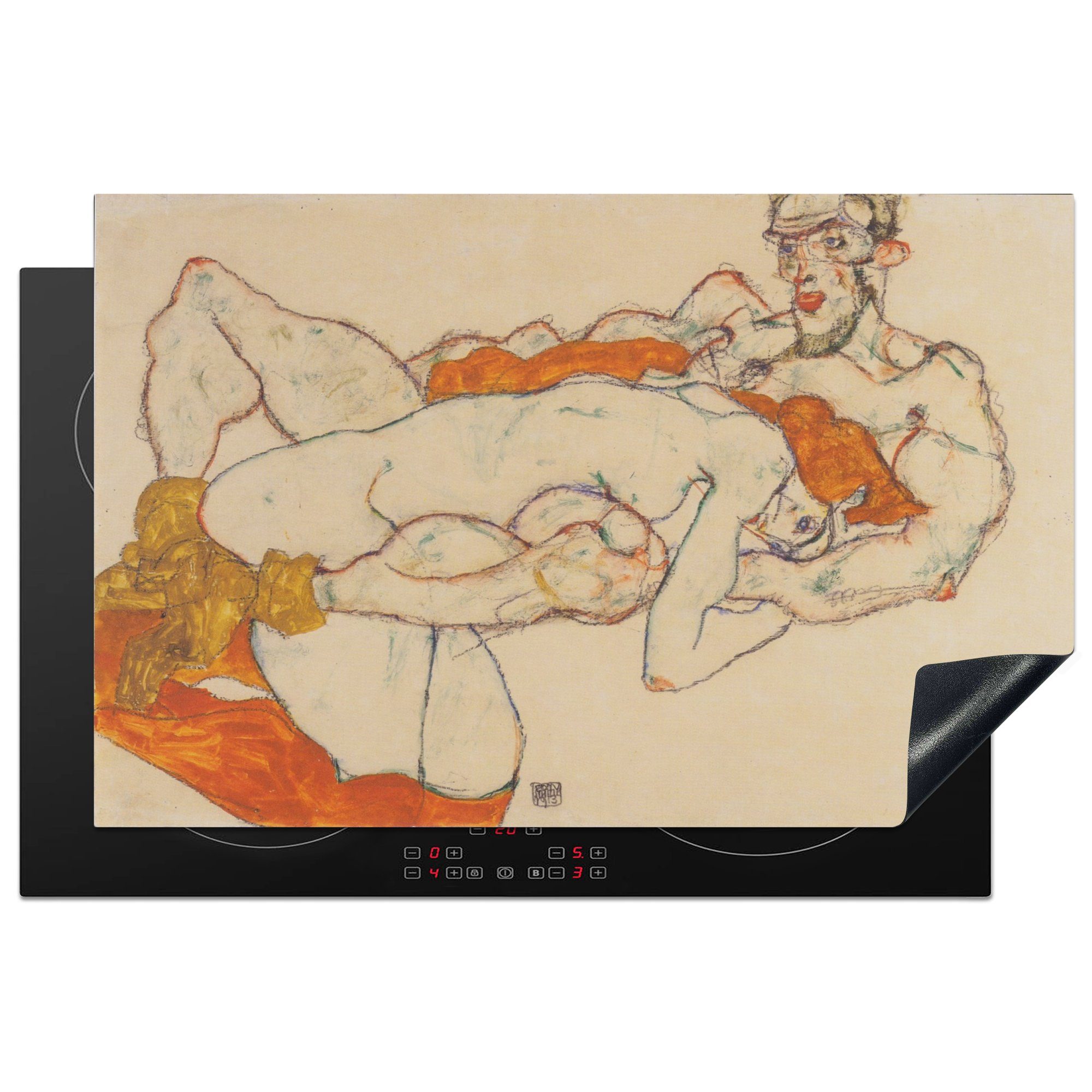 MuchoWow Herdblende-/Abdeckplatte Liebespaar - Gemälde von Egon Schiele, Vinyl, (1 tlg), 81x52 cm, Induktionskochfeld Schutz für die küche, Ceranfeldabdeckung