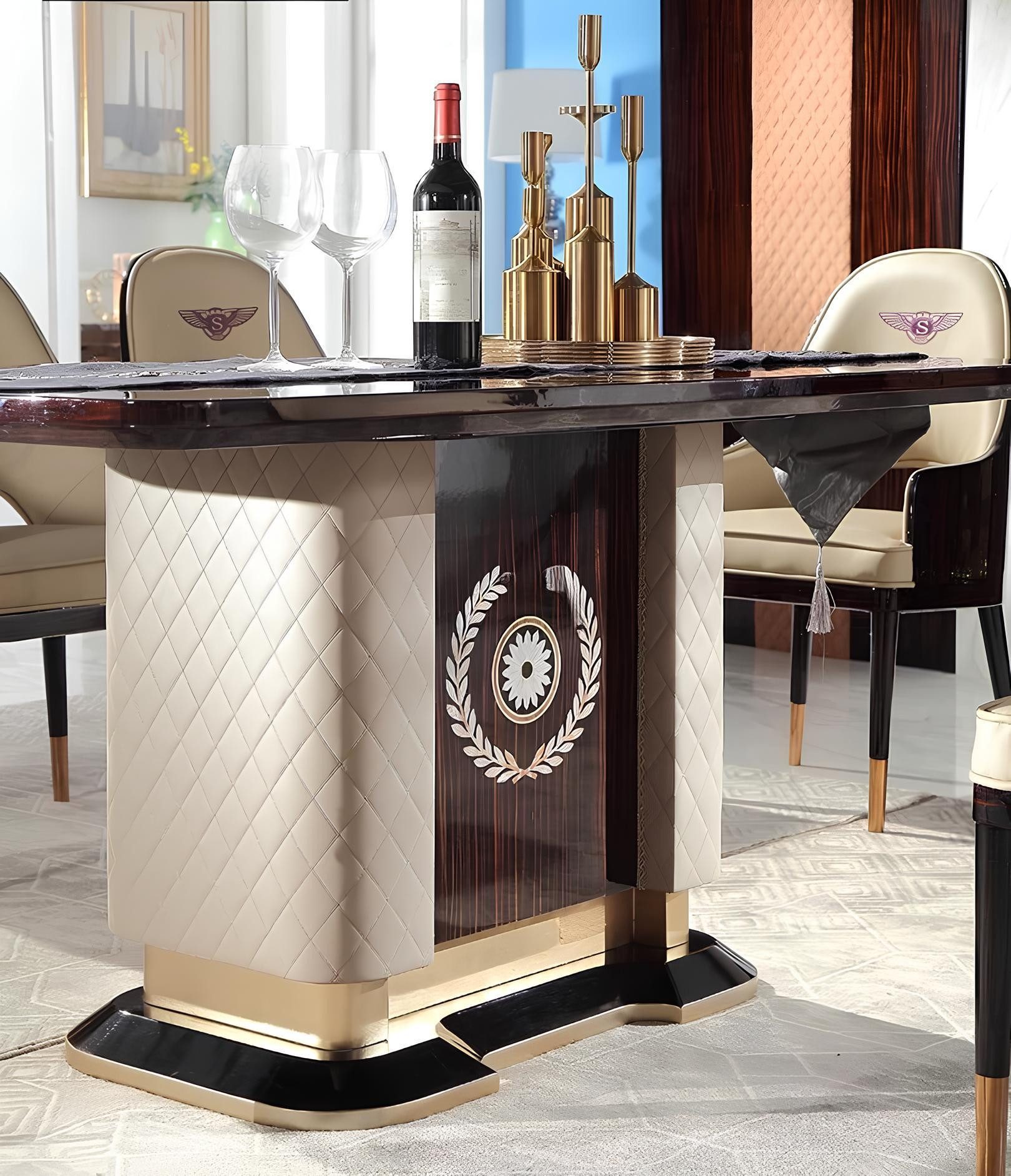 JVmoebel Esstisch Eleganter Esszimmertisch aus Holz mit Hochglanz und Leder, Braun, Made in Europa