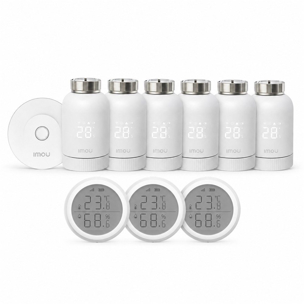 Imou Heizkörperthermostat Bundle + 3 Temperatur- und Feuchtigkeitssensoren Smart-Home Starter-Set, Smart Thermostat Raumklimaüberwachung Energiesparen Sprachsteuerung