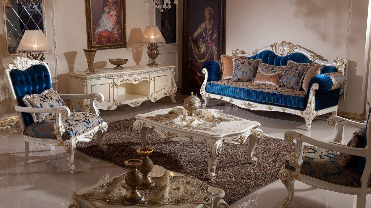 Barockstil Luxus Möbel Padrino Barockstil / Casa Wohnzimmer mit / Luxus Sofa Einrichtung Padrino Barock elegantem im Braun Blau Prunkvolles Sofa Gold Wohnzimmer / Casa - - - Barock Möbel Muster Sofa Weiß -