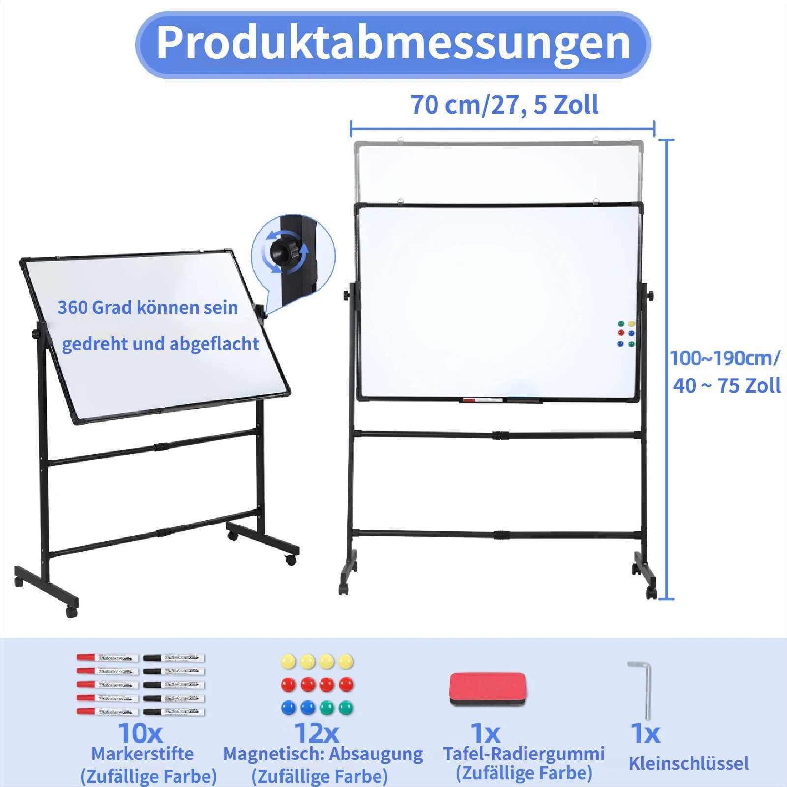 Rutaqian Wandtafel Mobiles Whiteboard Doppelseitiges Magnettafel Stanford mit Rollen, (1-tlg), Höhenverstellbares Drehbar Whiteboards für Zuhause, Schule, Büro
