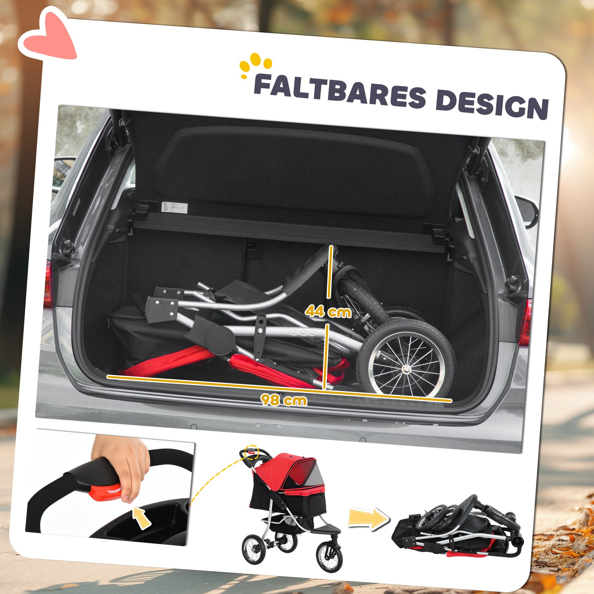 PawHut Hundebuggy Katzenbuggy mit Netzfenstern Getränkbehalter Katzenwagen, (klappbar Hundewagen, 1-tlg), für Hunde & Katzen bis 10 kg, Rot – Bild 5 von 5