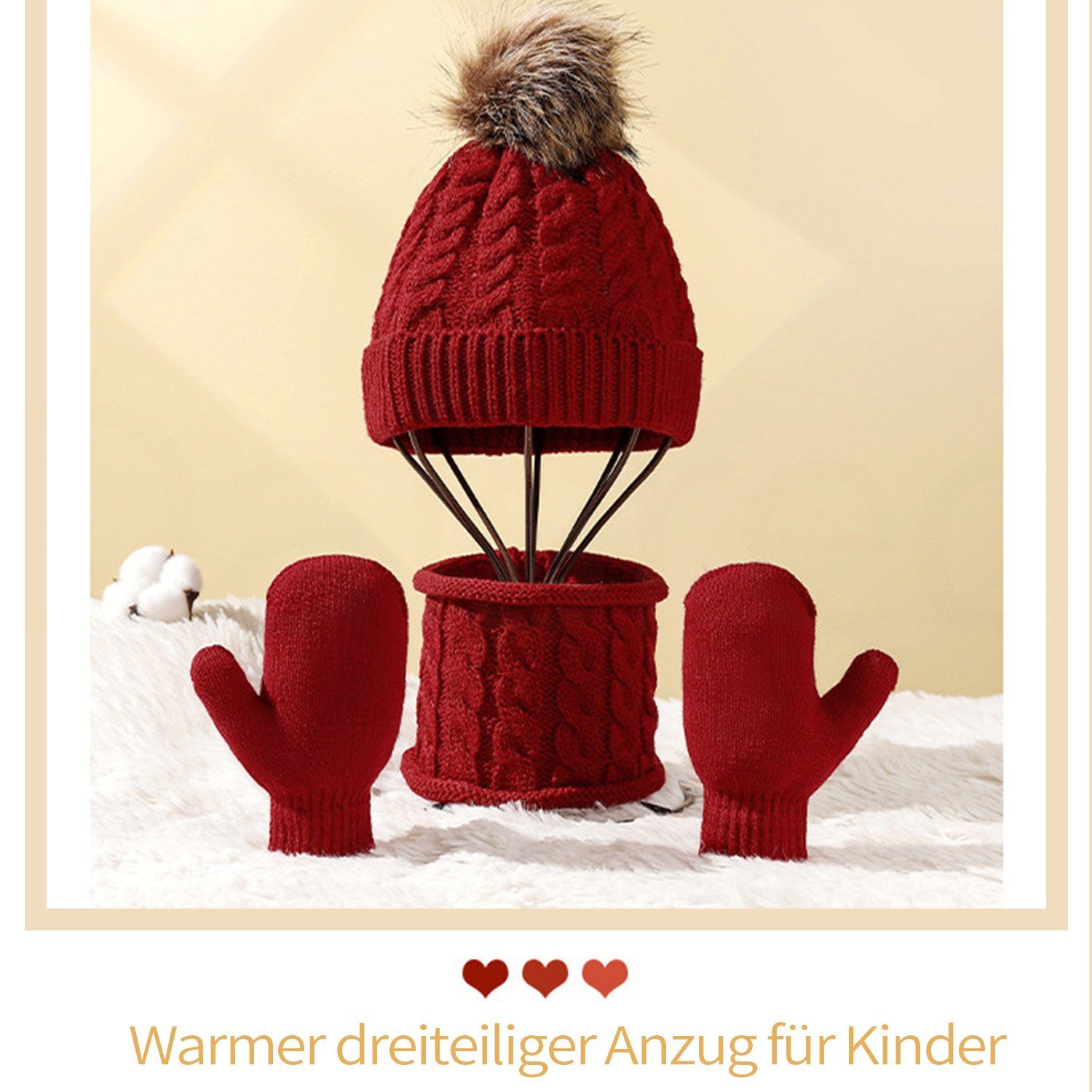 Daisred Jerseymütze 3-in-1-Winterset Kindermütze, Rot Handschuhe, Schal-Set