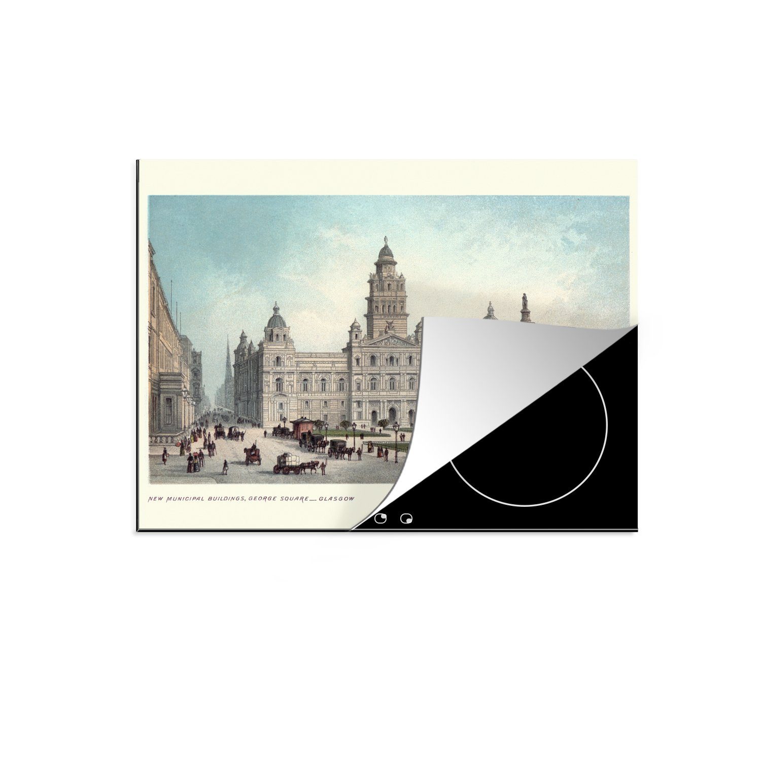 MuchoWow Herdblende-/Abdeckplatte Illustration des Rathauses von Glasgow in Schottland, Vinyl, (1 tlg), 60x52 cm, Mobile Arbeitsfläche nutzbar, Ceranfeldabdeckung