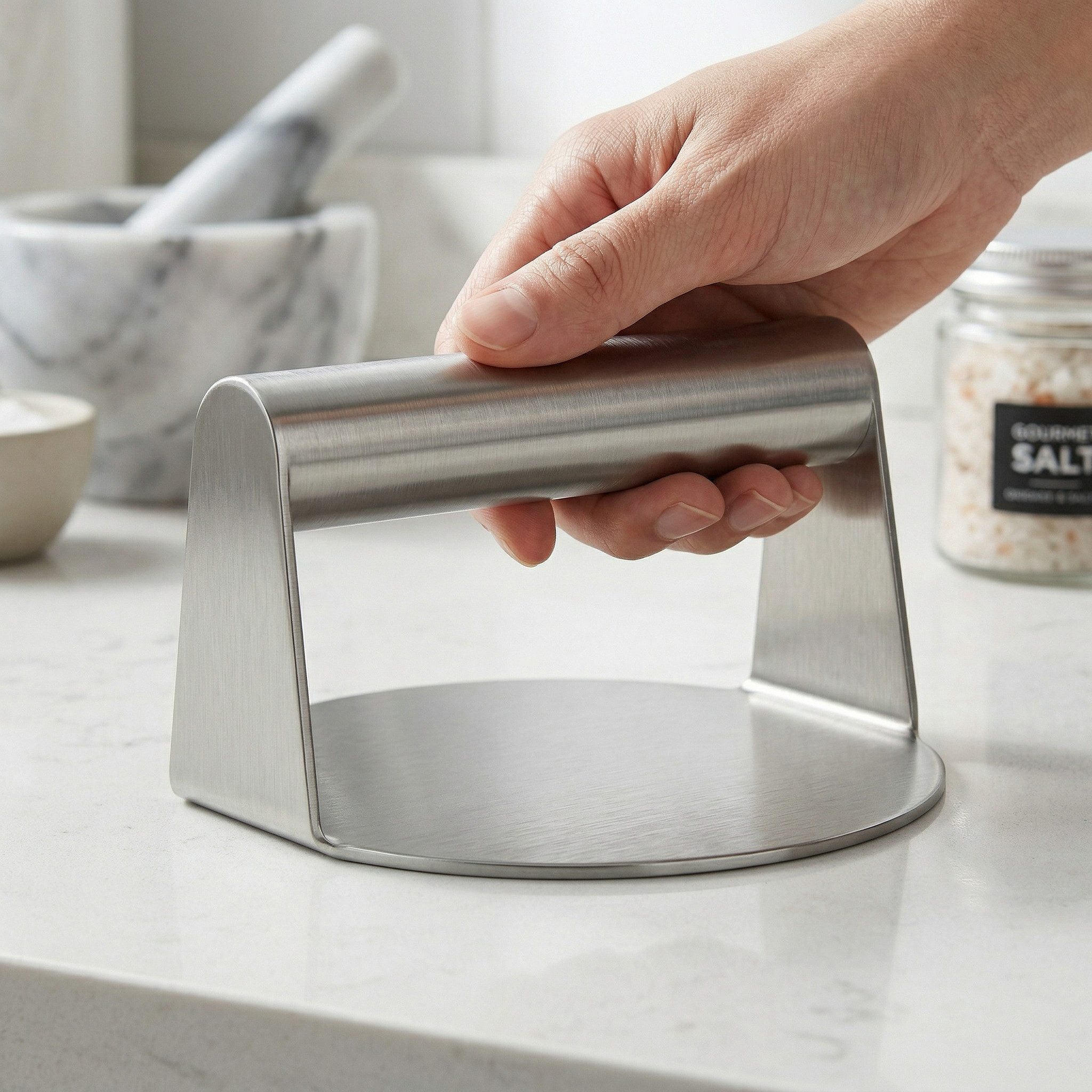 Arendo Burgerpresse aus Edelstahl, für Smash Burger, Smasher 14 cm Durchmesser (5,5 Zoll) (1 St), Edelstahl, leicht zu reinigen, hitzebeständig, geschmacksneutr – Bild 5 von 5