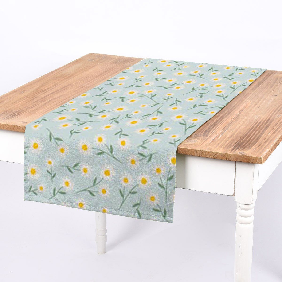 SCHÖNER LEBEN. Tischläufer SCHÖNER LEBEN. Tischläufer Gänseblümchen hellblau oder natur weiß, handmade hellblauer Hintergrund mit weiß-gelb-grünen Gänseblümchen