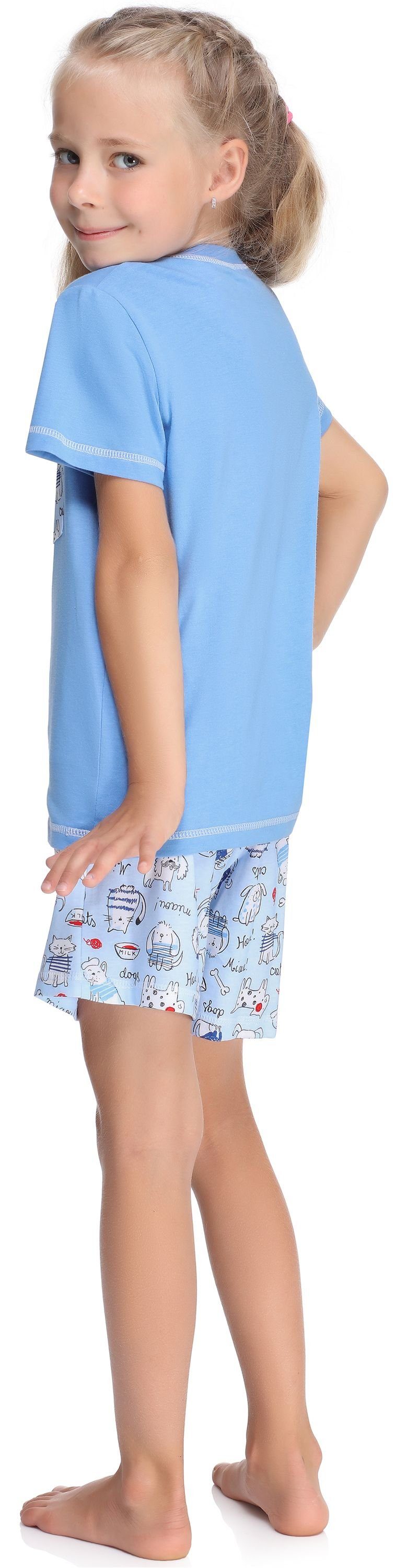 Merry Style Schlafanzug Mädchen Schlafanzüge Kurz Set Pyjama aus Baumwolle Blau/Hunde/Katze MS10-292