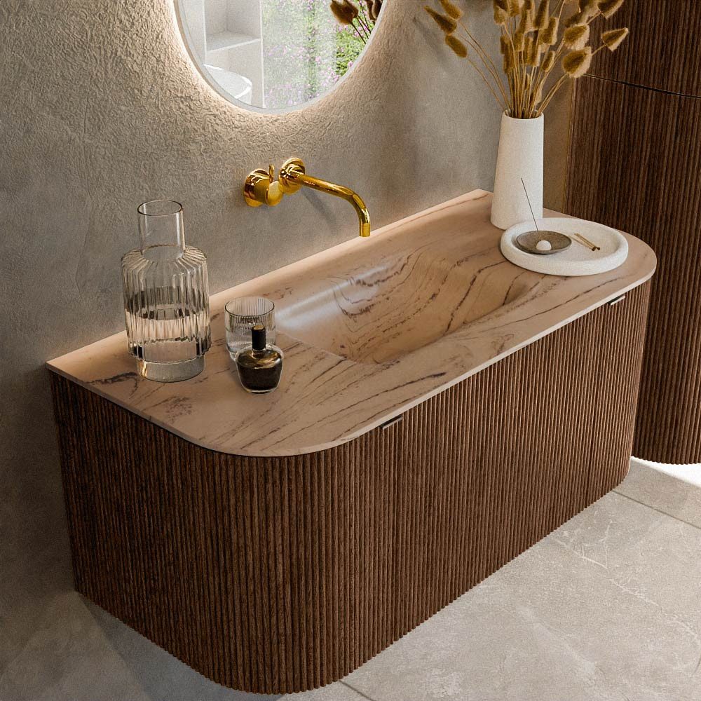 MONDIAZ Waschtisch set curve gerundet echtholz 100 cm Walnuss KRVGRU100LR1L2D0KMWalAre (Set Serie Curve, Waschbecken Serie Grunne, ohne Lochbohrung)