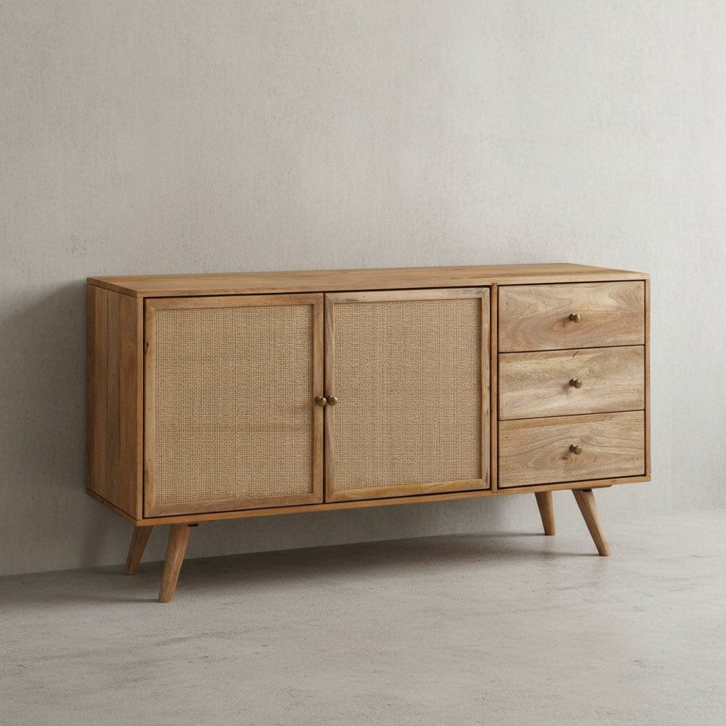 KADIMA DESIGN Kommode Design Sideboard 140x75x40 cm Mango Massivholz / Rattan, Kommode 3 (Wohnzimmer, 2 Türfächer Rohrgeflecht), Schubladen, Hoher Kommodenschrank Holz Massiv, Standschrank