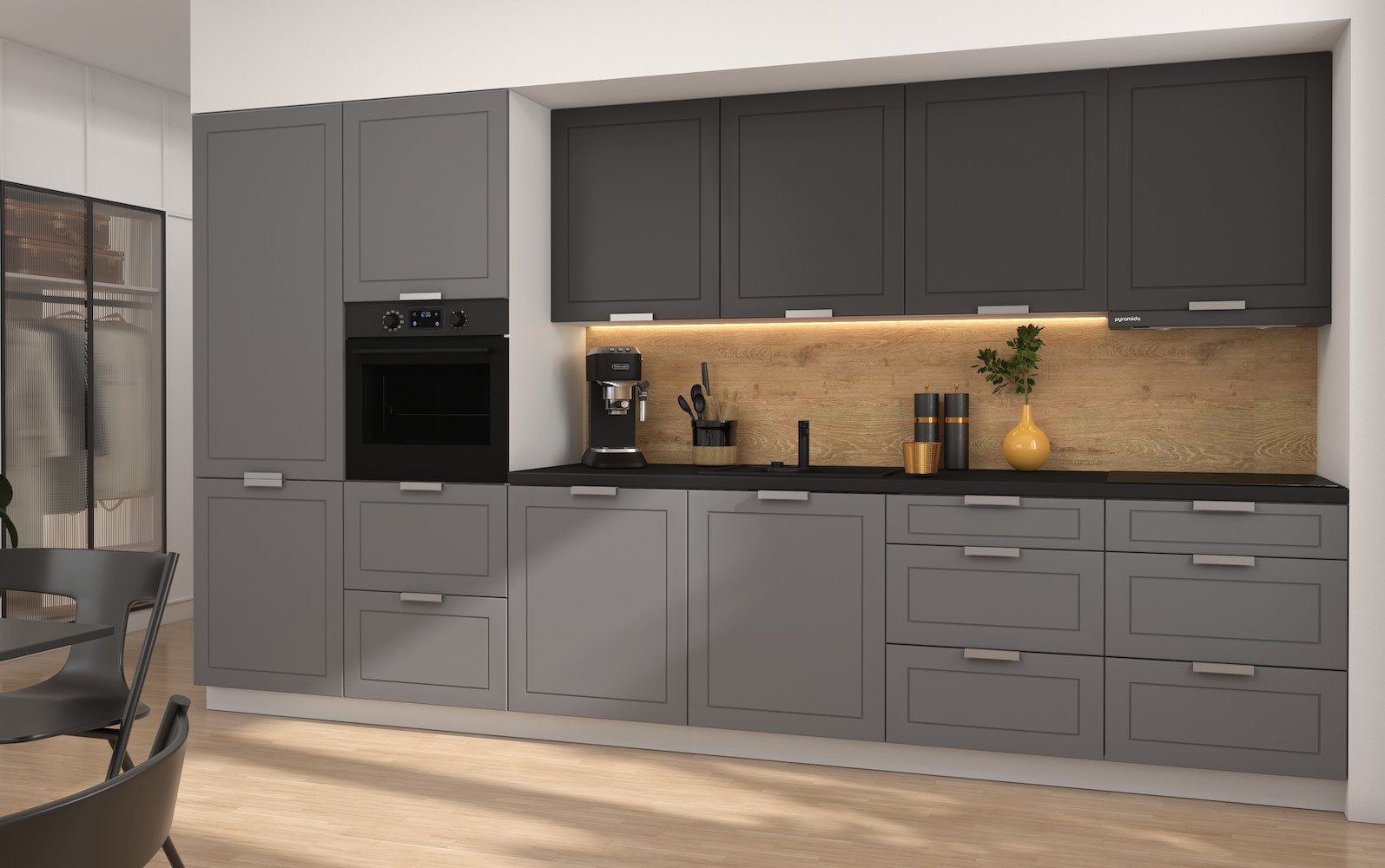 Feldmann-Wohnen Кухниzeile Kvantum, (Schubladen mit Vollauszug + Selbsteinzug (HETTICH InnoTech Atira), 360x59x207cm weiß/dust grey - graphit matt, 10-teilig, Fronten matt