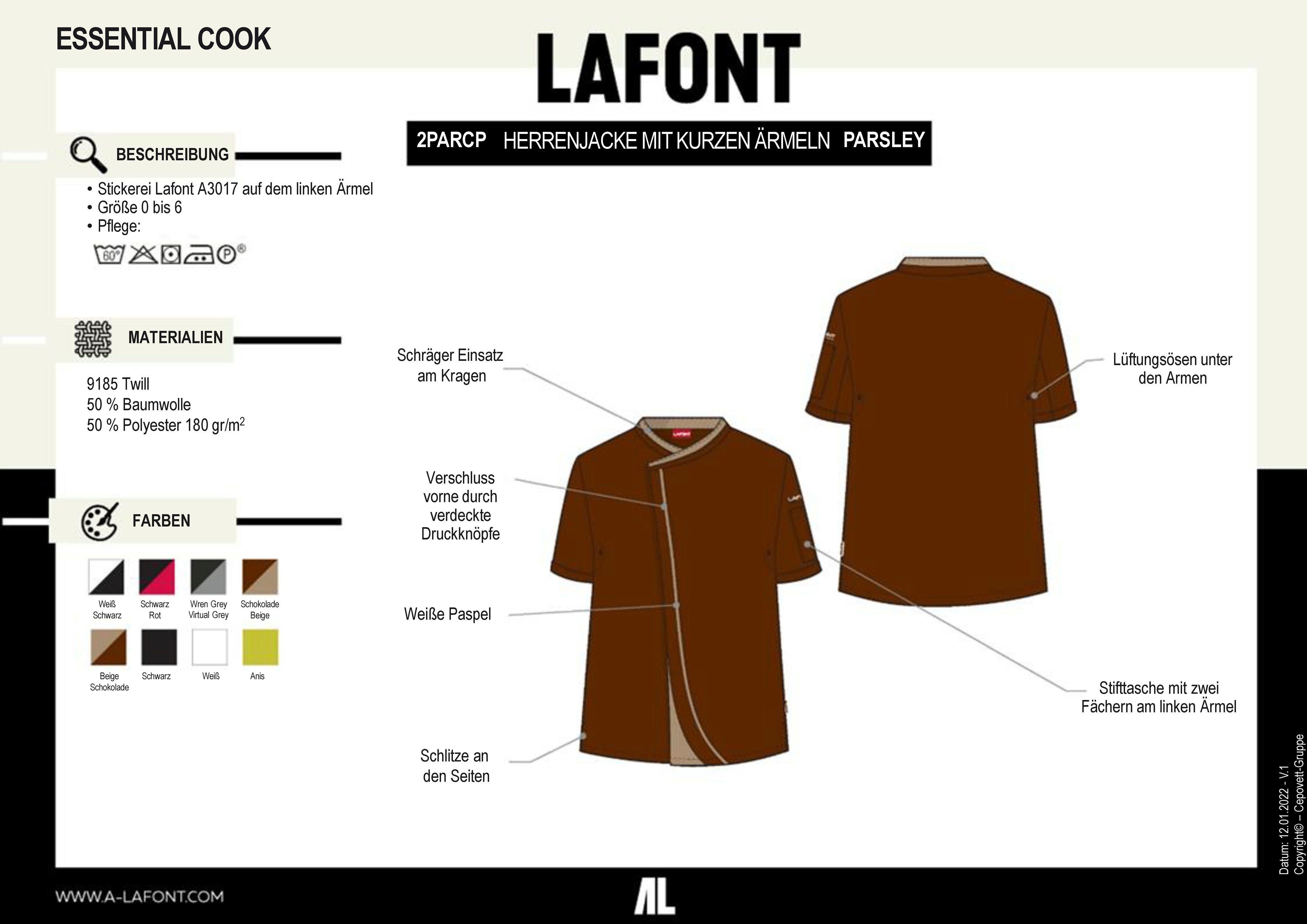 Lafont Kochjacke Herren mit BEIGE / Kurzarm, "Parsley" verdeckten Kreuzverschluss Druckknöpfen CHOCOLAT