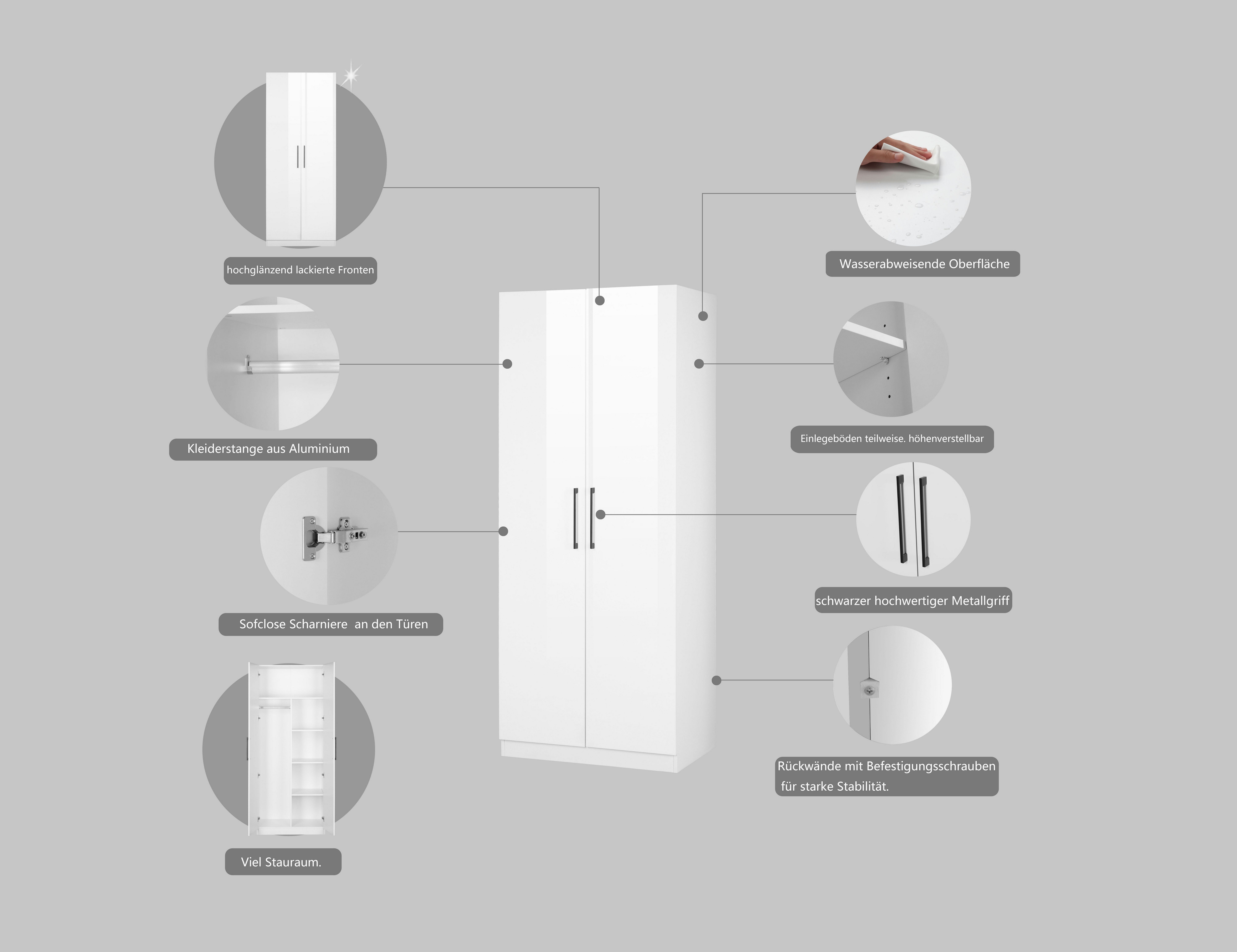 OTTO home Kleiderschrank Sylt Schlafzimmerschrank Garderobe Schrank hochglanz (hochwertige Metall Griffe in schwarz) Drehtürenschrank mit perfekter Innenausstattung, Breite 80cm