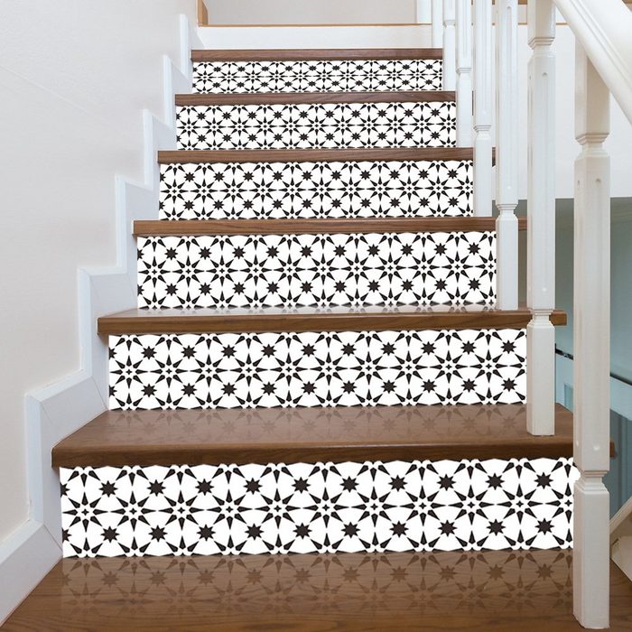Leway Wandsticker 6 x Treppenhaus-Aufkleber Schwarz-Weiß-Mosaik-Fliesen-Aufkleber (6 St)