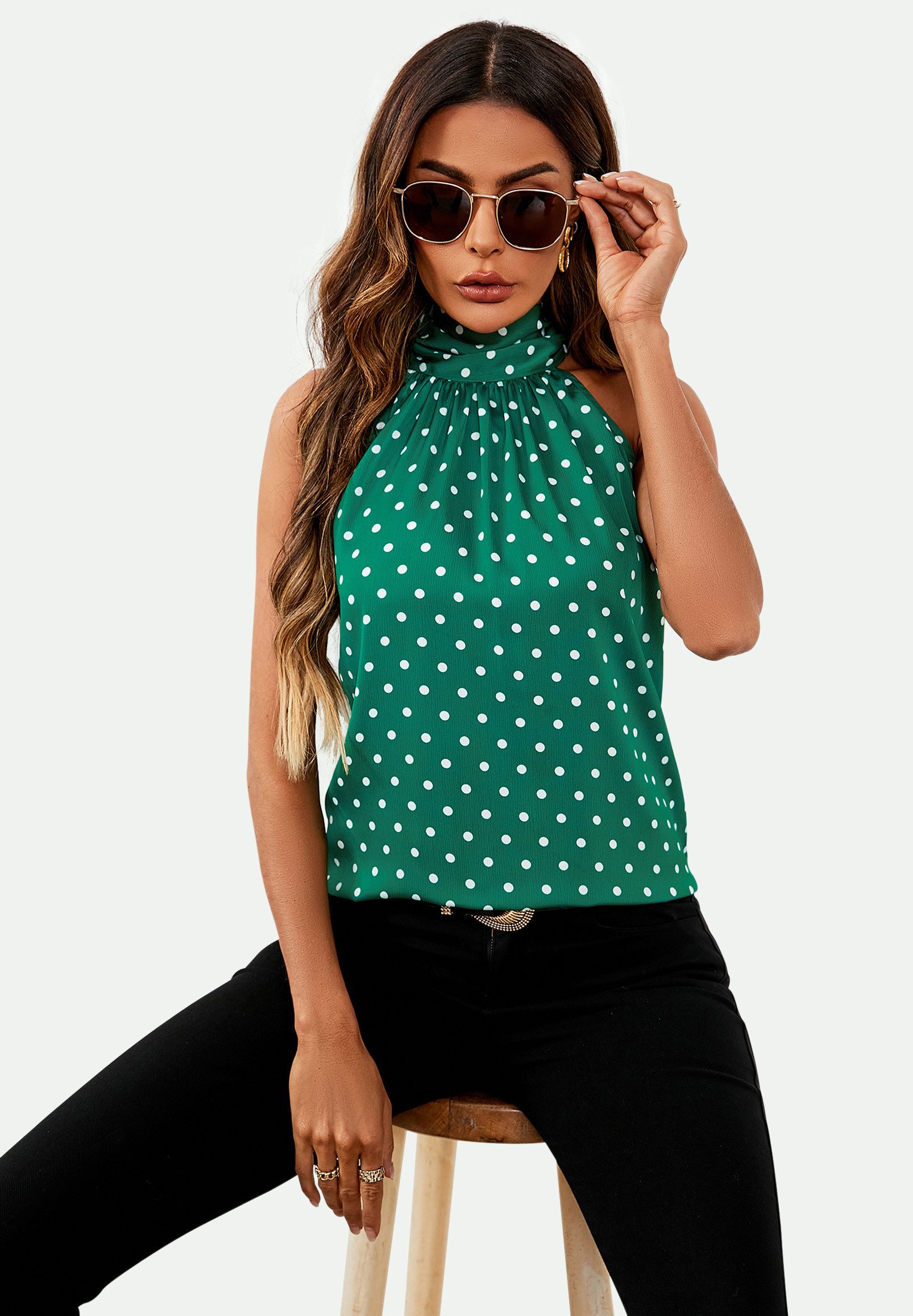 FS Collection Neckholdertop Neckholder-Top mit Bindeband hinten und Blumenmuster / Punkemuster (XS (EU:36 / UK:8) · S (EU:38 / UK:10) · M (EU:40 / UK:12) · L (EU:42 / UK:14) · XL (EU:44 / UK:16), 5 Farben: PunktSchwarz, PunktGrün, BlumenBlau, BlumenHellblau und Grau) leicht, glatt, formstabil und pflegeleicht