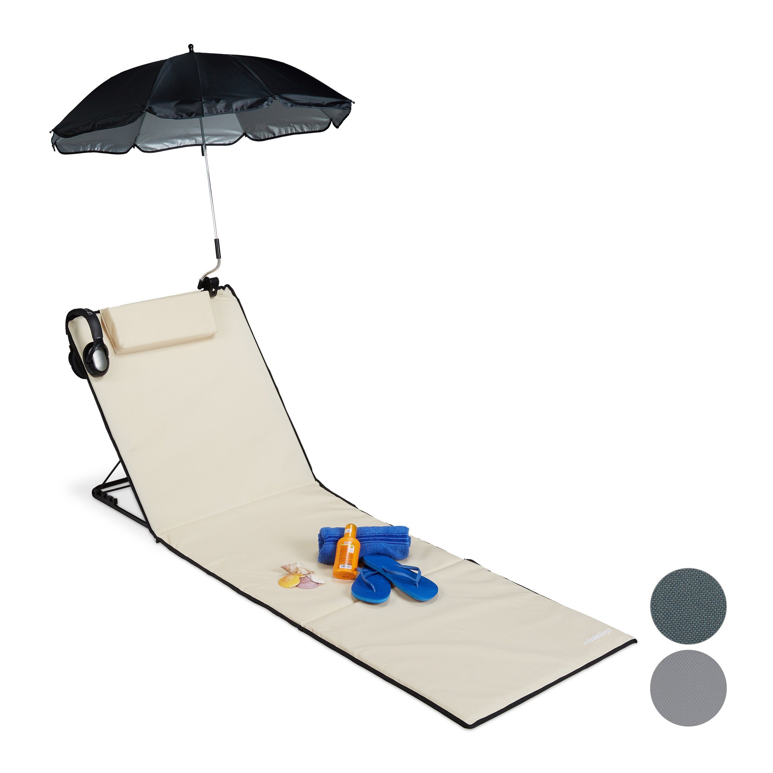 Schwarz relaxdays Beige Beige mit Strandtücher Sonnenschirm, Strandmatte