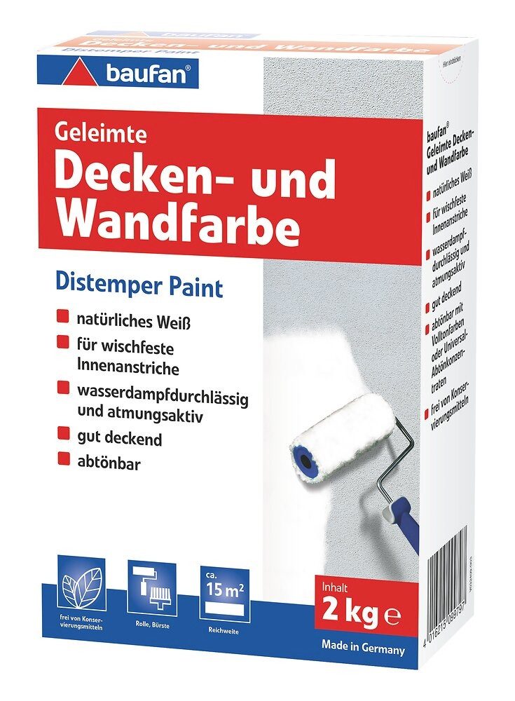 baufan® Wandfarbe Geleimte Wand- & Deckenfarbe für Innen Weiß 2 kg Leimfarbe