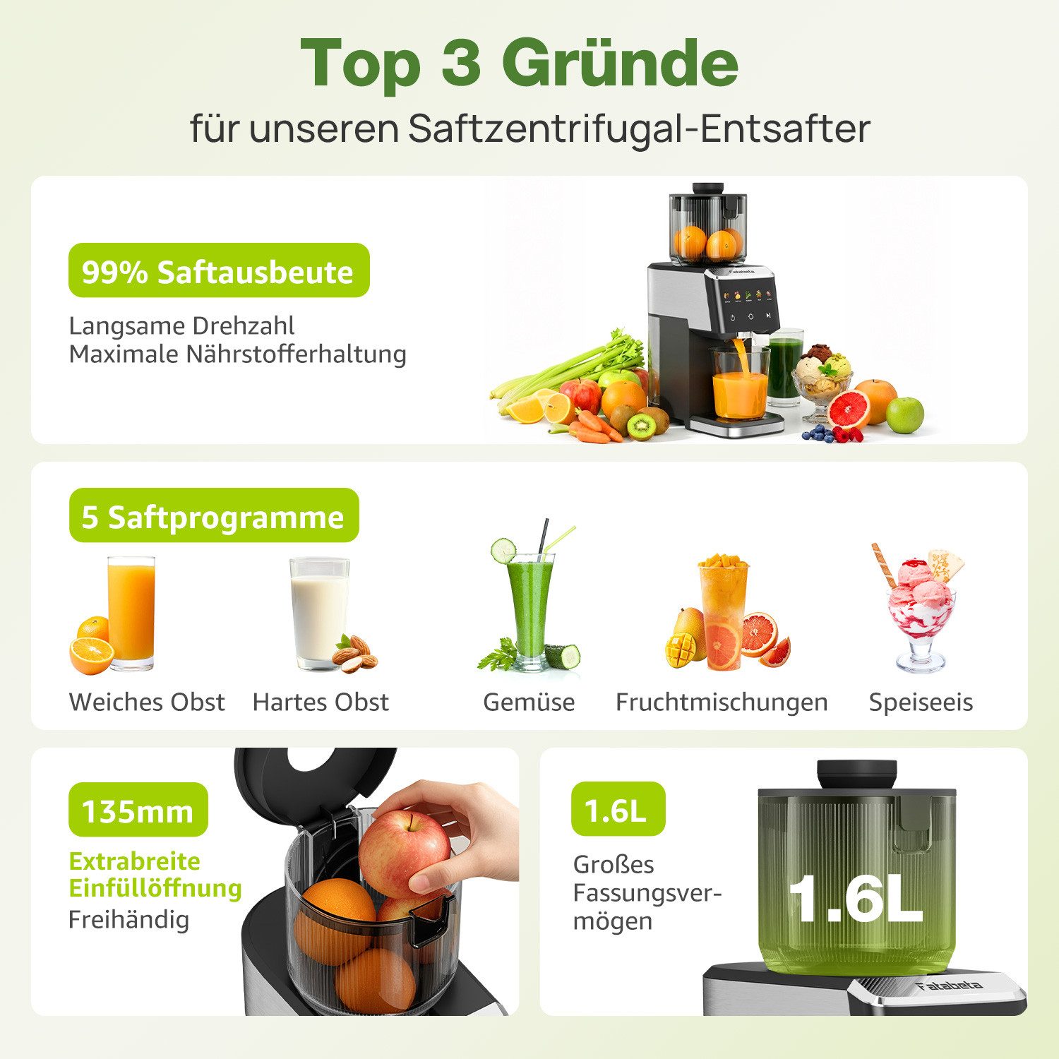 FATABETA Slow Juicer Entsafter 135MM großer Öffnung, Für ganze Früchte und Gemüse, 150 W, BPA-Frei, Hohe Saftausbeute, Erhalt der Nährstoffe mit 2 Bechern