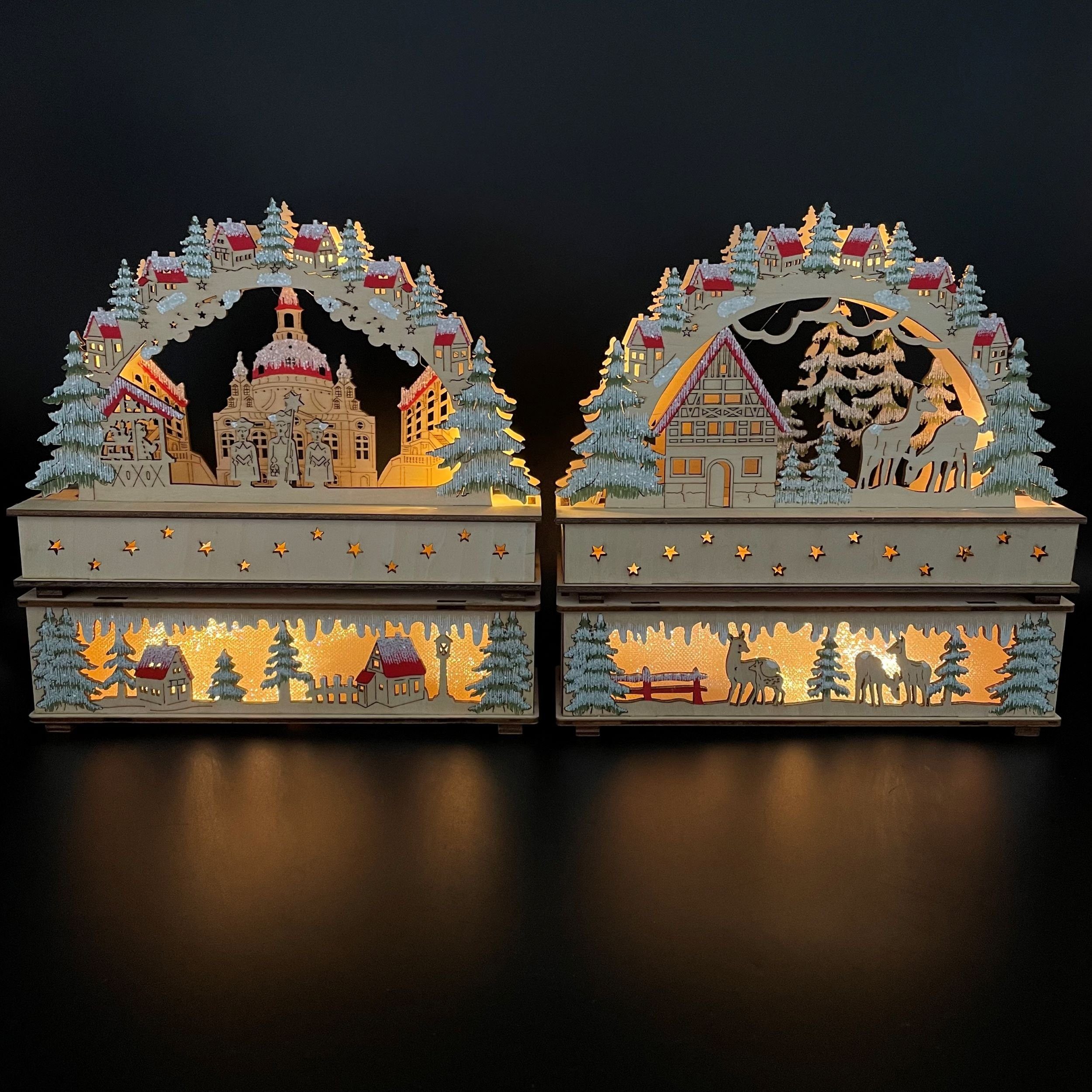 Online-Fuchs LED Schwibbogen 2er Set kleine LED Schwibbogen, Lichterbogen mit Erhöhung & Timer ROT, Maße (BxHxT) ca. 20 x 20,5 x 6 cm, 4-tlg., Erzgebirge-Art