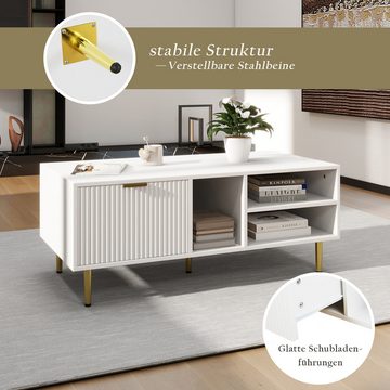 MODFU Couchtisch Eleganter weißer Couchtisch (Elegantes Licht Luxus, Beistelltisch mit Schublade und Metallfüße), Couchtisch mit goldenen Verzierungen, eine Schublade