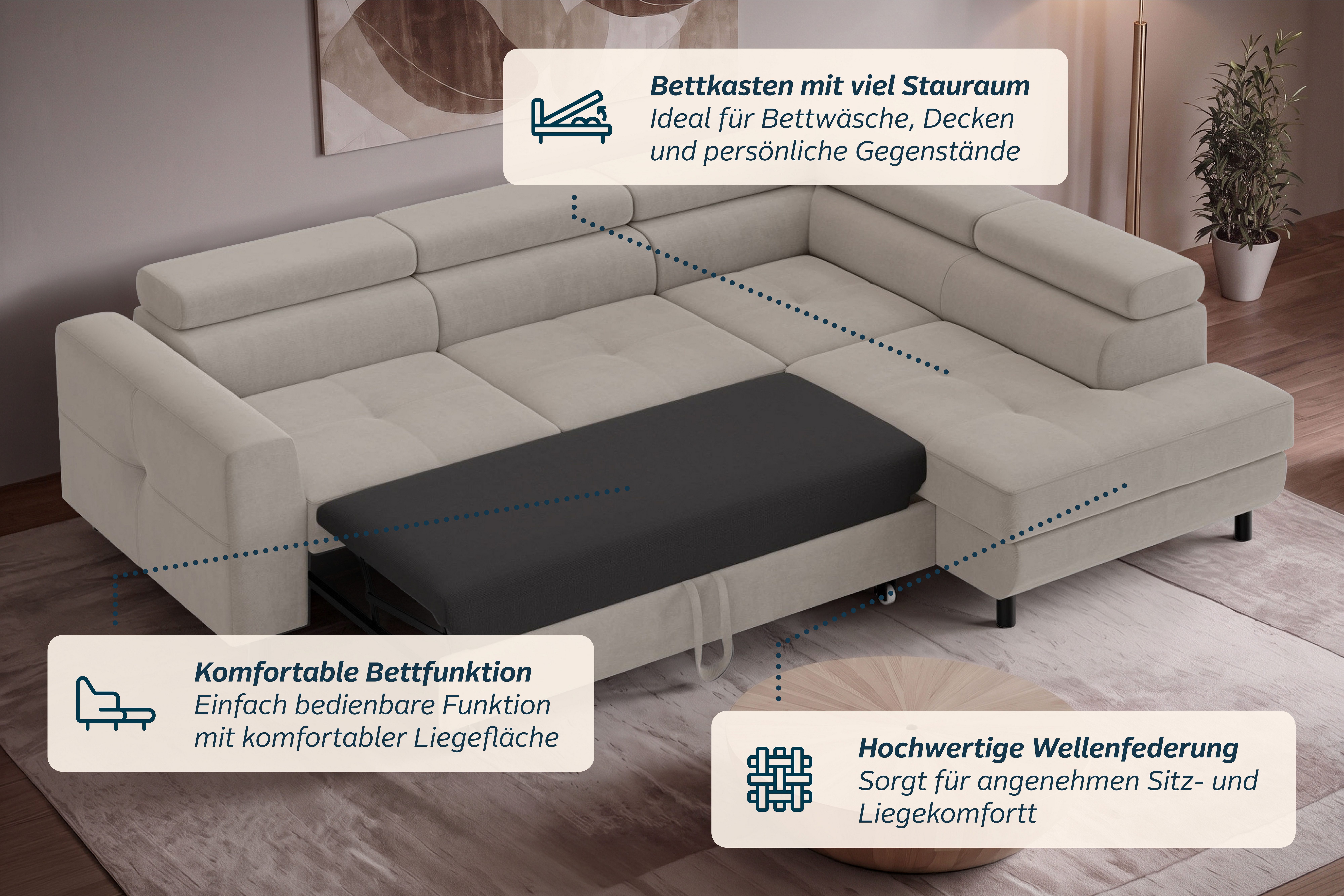 OTTO home Ecksofa AADEN Schlafsofa 254 cm - OTTO. Verlässliche Qualität., mit Bettfunktion, Bettkasten, Kopfstützen, rechts/links bestellbar – Bild 4 von 5