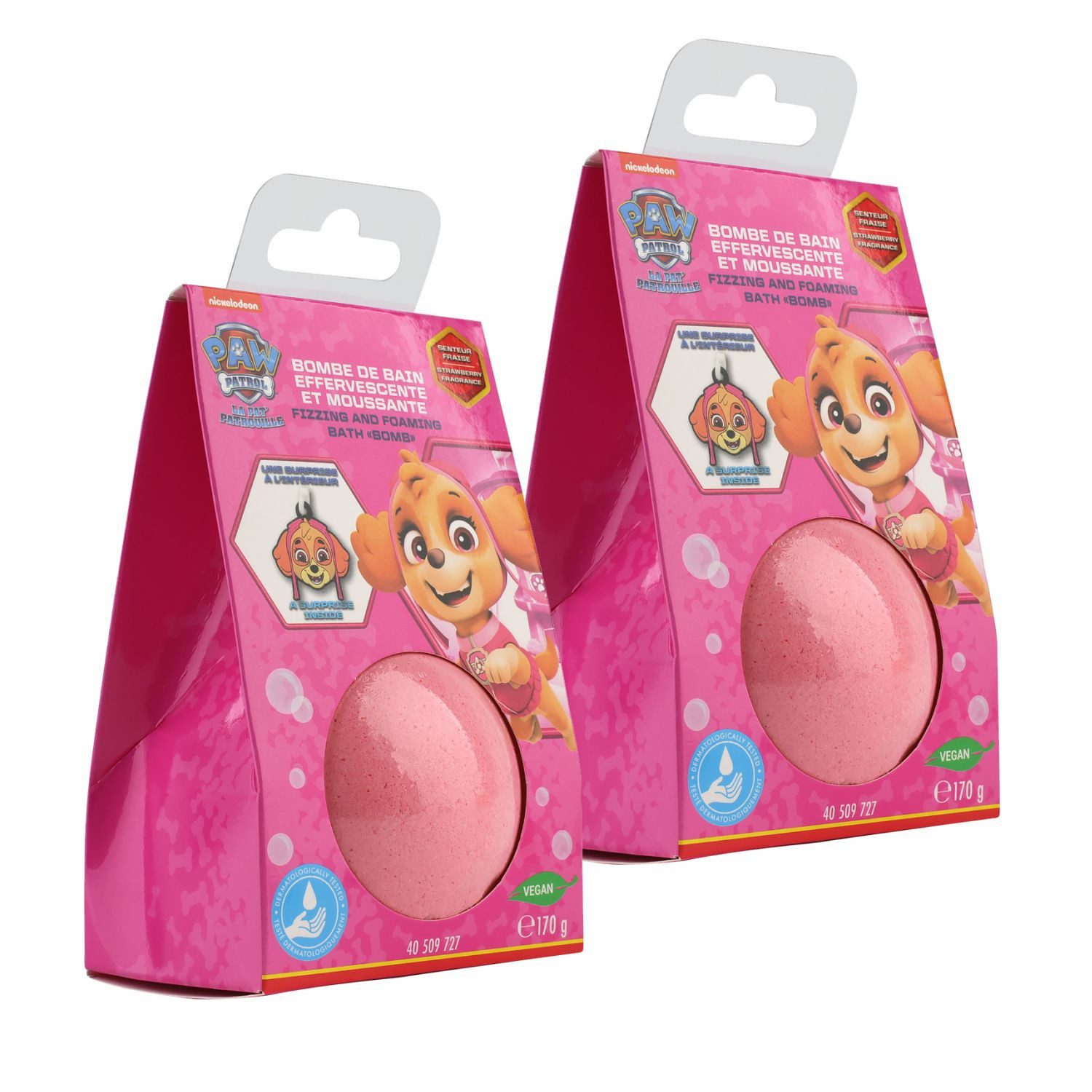 HF Home Flair Badekugel 2x Paw Patrol Badebombe - große Badekugel Skye mit Überraschung, 2-tlg., rosa Badekugel - Erdbeerduft - Vegan- 170g