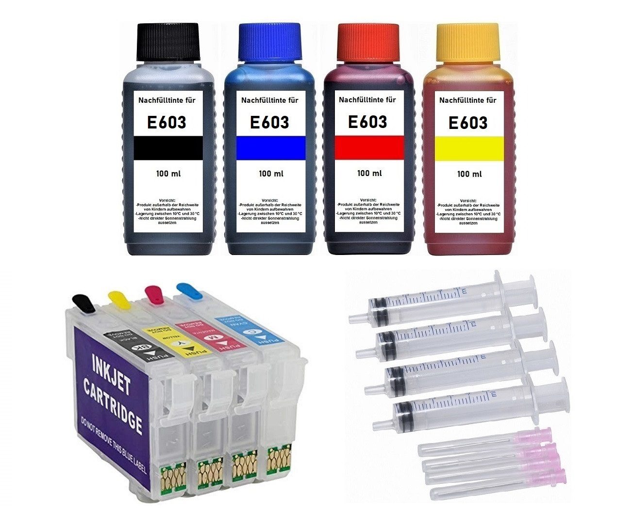 inkpro nachfüllbare Patronen 603 XL mit 4 x 100 ml Druckertinte, Tintenpatrone (für XP-2100, 2105, 2150, 2155, 3100, 3105, 3150, 3155, 4100, 4105, 4150, 4155, WF-2810, 2820, 2830, -2835, 2840, 2845, 2850, 2870, mit Druckertinte schwarz, cyan, magenta, gelb)