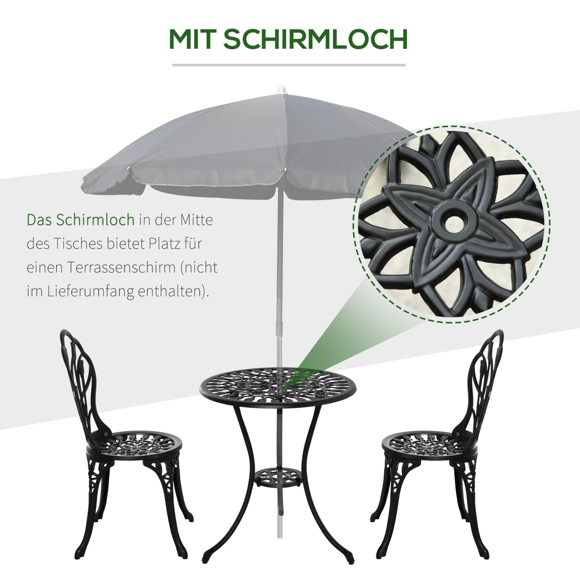 OKWISH Sitzgruppe 3-tlg. Ø60x67 cm aus Aluminium mit Tisch & 2 Stühlen, (Set, 3-tlg., Metall-Garnitur für den täglichen Gebrauch auf begrenzter Fläche), Essgruppe für Garten, Balkon & kleine Terrassen