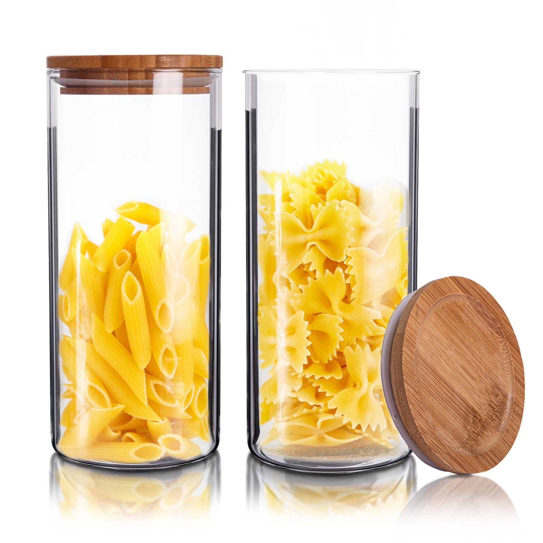 BigDean Vorratsdose 2x Vorratsglas Nudeln (2-tlg) Vorratsgläser Glas. Bambus, Mehl, 10x22,5cm 1,5L Bambus-Deckel