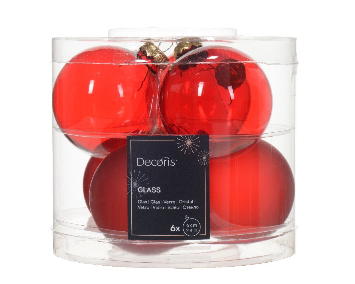 Kaemingk Weihnachtsbaumkugel, Weihnachtskugeln Glas 6cm x 6 Stück - Weihnachtsrot transparent