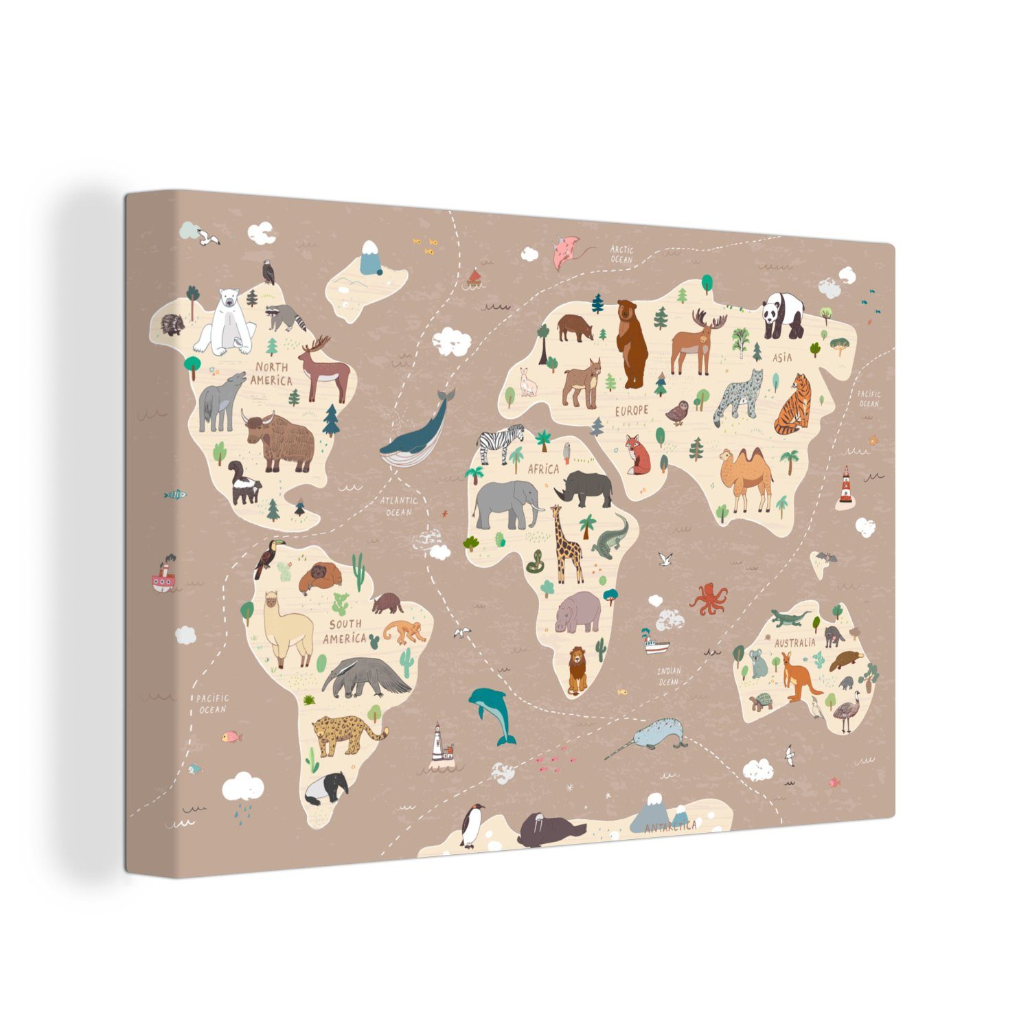 OneMillionCanvasses® Leinwandbild Weltkarte Kinder - Tiere - Braun - Jungen - Mädchen, Fotodruck (1 St), Leinwand Bilder Klein, Wand Dekoration Aesthetic 30x20 cm