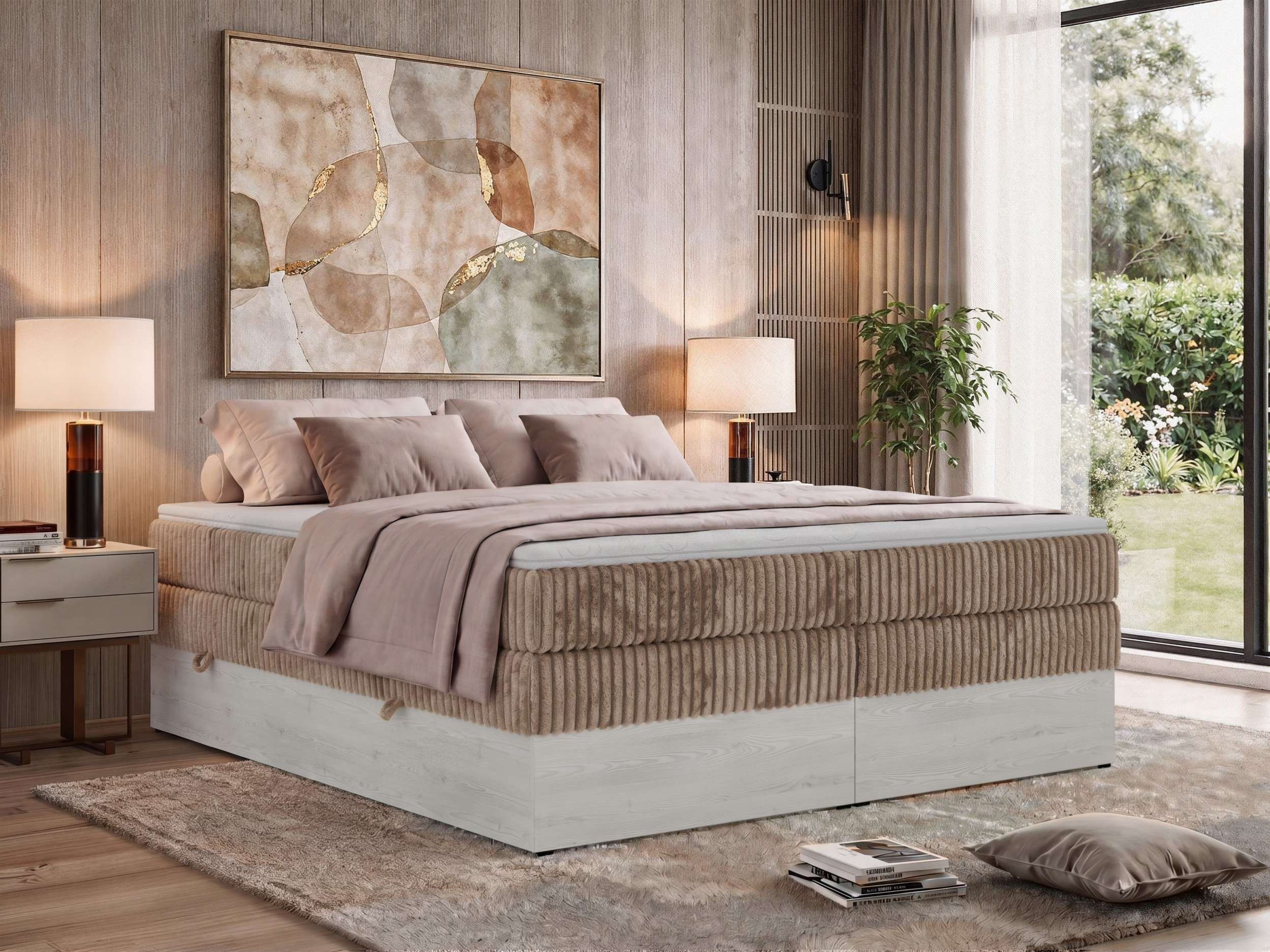 MKS MÖBEL Boxspringbett NORDIC ZERO KING (Boxbett mit dekorativen Holzelementen, kopfteillos, inklusive Multipocket-Matratze, 2 integrierte Bettkästen), Härtegrad H3/H4, wahlweise mit T25- oder Visco-Topper