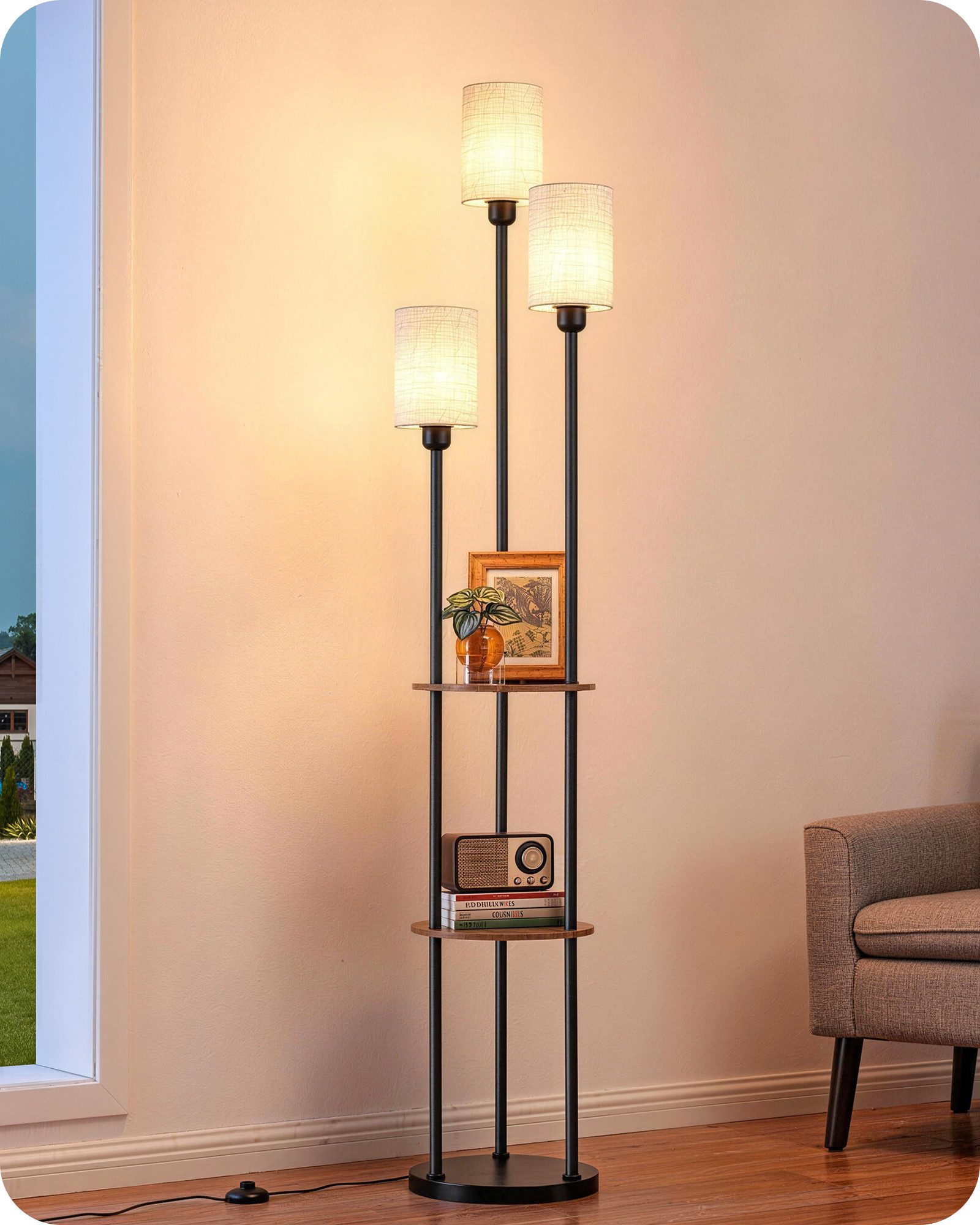 EDISHINE Stehlampe Wohnzimmer, LED wechselbar, warmweiß, mit Regalen, Leinenlampenschirme, E27 LED inkl.