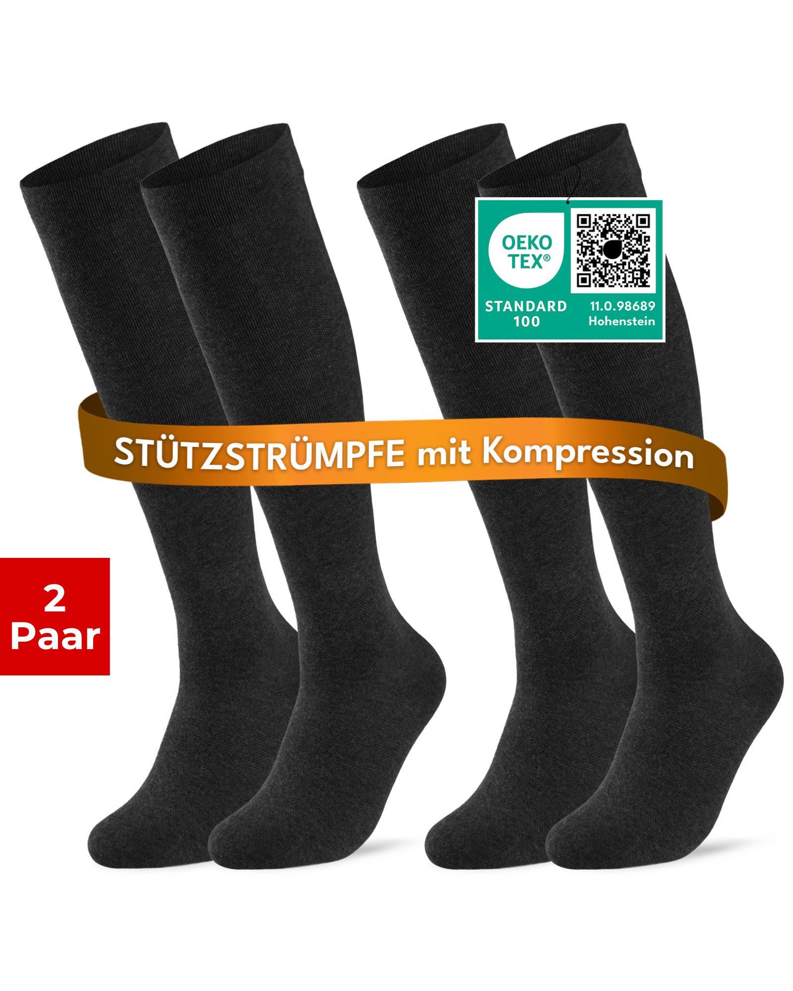 sockenkauf24 Stützkniestrümpfe Kompressionsstrümpfe Reisestrümpfe Stützstrümpfe mit Kompression (Schwarz, 2-Paar, 43-46) aus Baumwolle für Damen & Herren mit Komfortbund