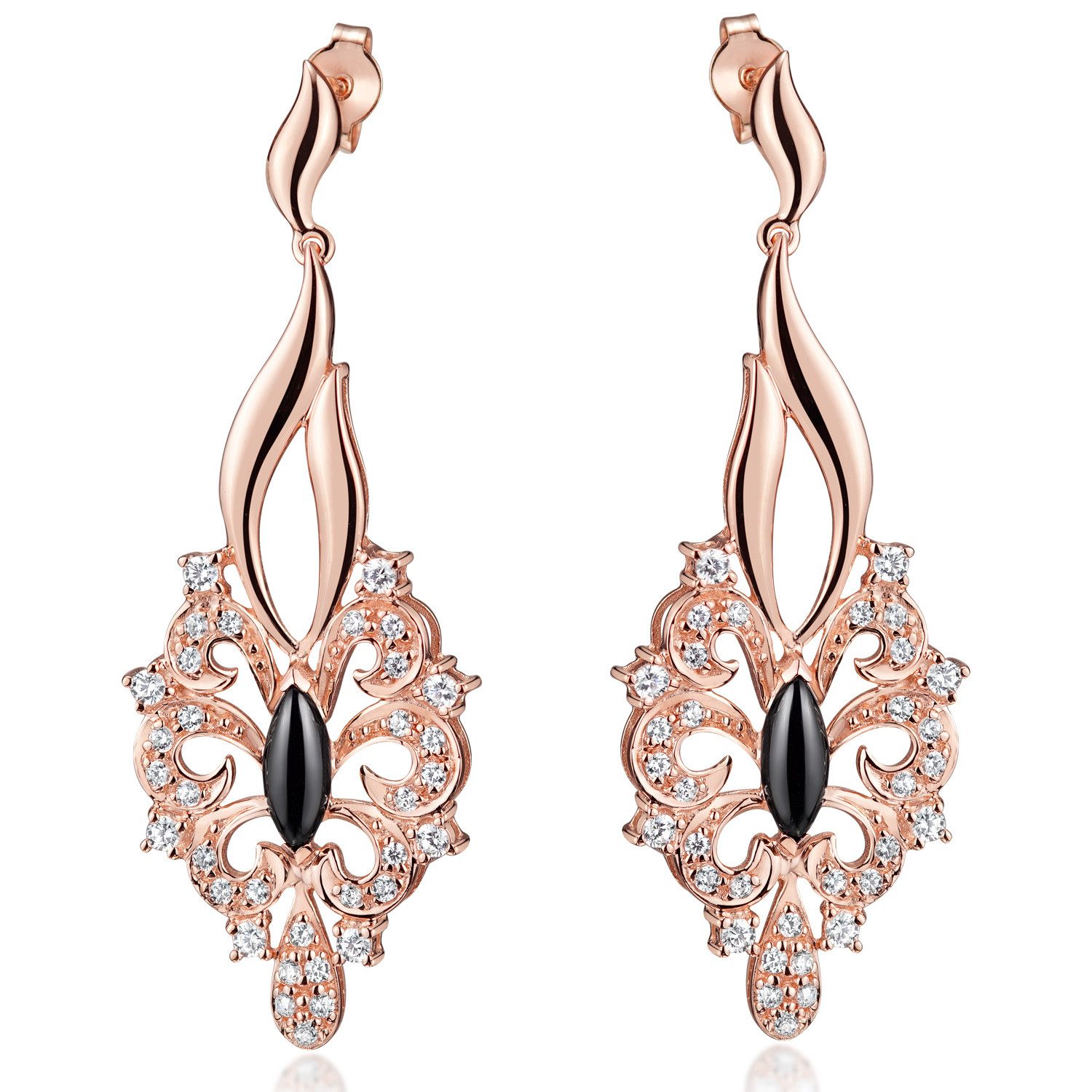 Paar Ohrhänger Damen Rosegold Pendel Edelstein Onyx Zirkonia SO-321