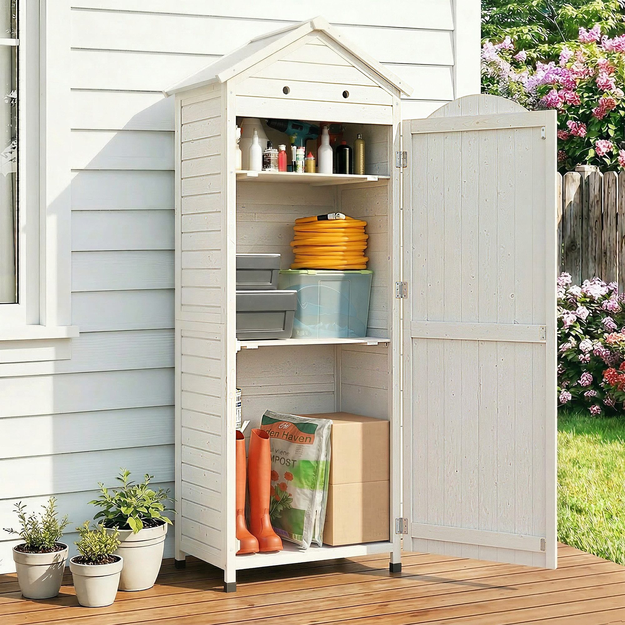 Outsunny Gerätehaus mit verstellbar Ablage, magnetisch Tür, galvanisiert Dach, Belüftung, BxT: 85x58 cm, (Gartenschrank, 1 St., Geräteschuppen), für Garten Terrasse Weiß