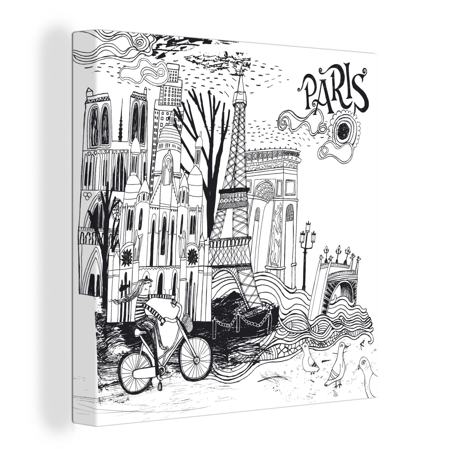 OneMillionCanvasses® Leinwandbild Paris - Zeichnung - Schwarz, (1 St), Leinwand Bilder für Wohnzimmer Schlafzimmer
