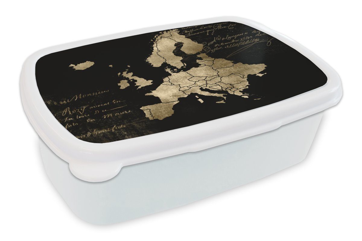 MuchoWow Lunchbox Karte Europa - Gold - Text, Kunststoff, (2-tlg), Brotbox für Kinder und Erwachsene, Brotdose, für Jungs und Mädchen weiß