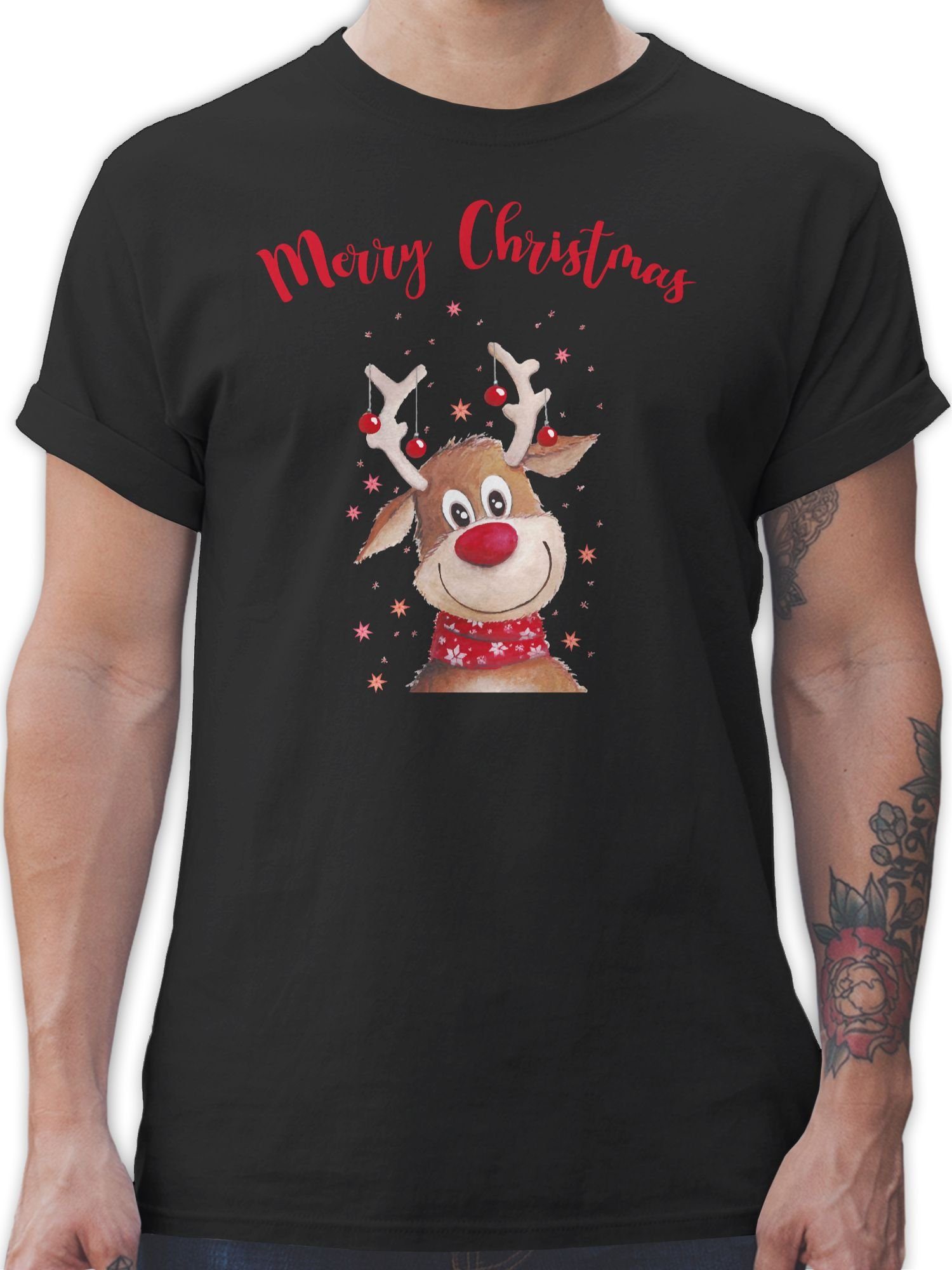 Shirtracer T-Shirt Merry Christmas Rentier Weihachten Kleidung 01 Schwarz