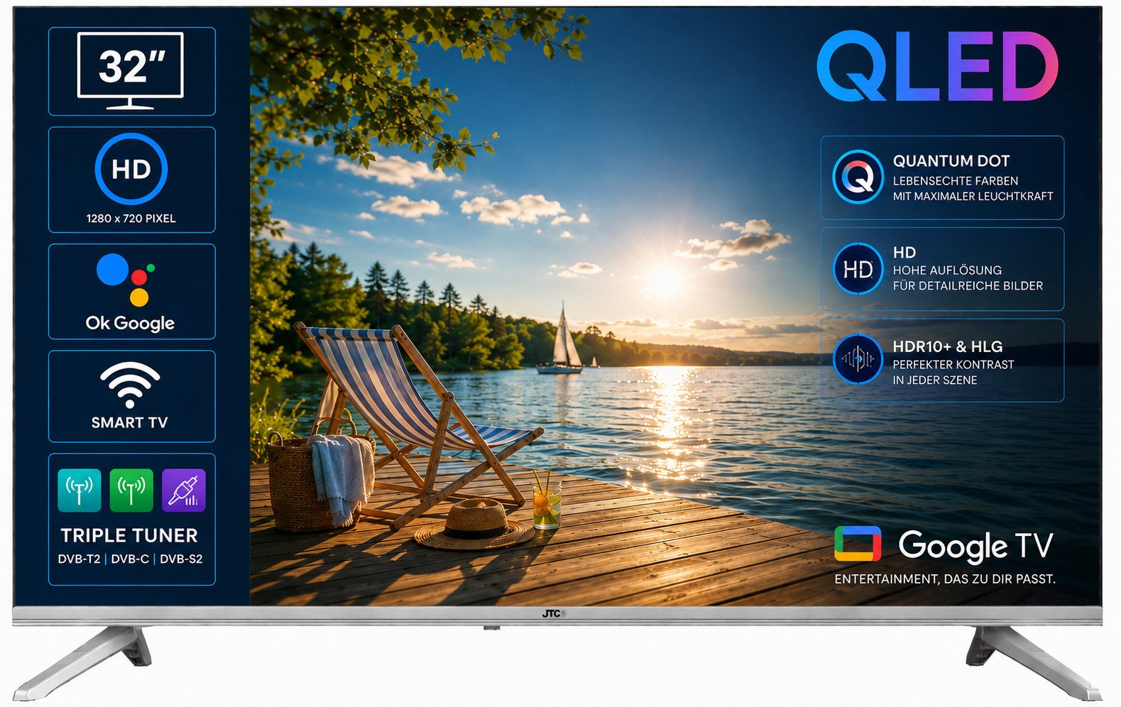 JTC-24 JTCSQ32H39330G QLED-Fernseher (80 cm/32 Zoll, HD ready, Google TV, 32 Zoll, QLED, Android TV, Sprachsteuerung, Triple Tuner, Bluetooth)