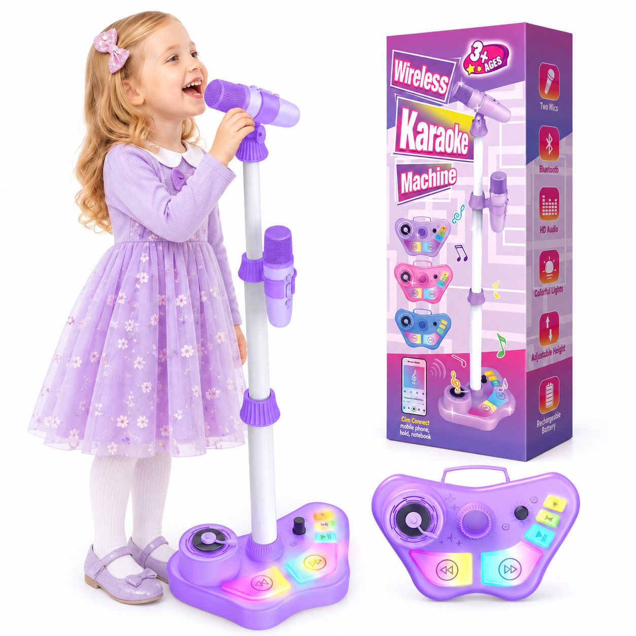 Wootoy Kinder Karaoke-Set 2 kabellosen Mikrofonen höhenverstellbarem Ständer Karaoke-Maschine (mit 5 Stimmeffekte Fußpedal LED-Lichteffekte integrierter Tragegriff)