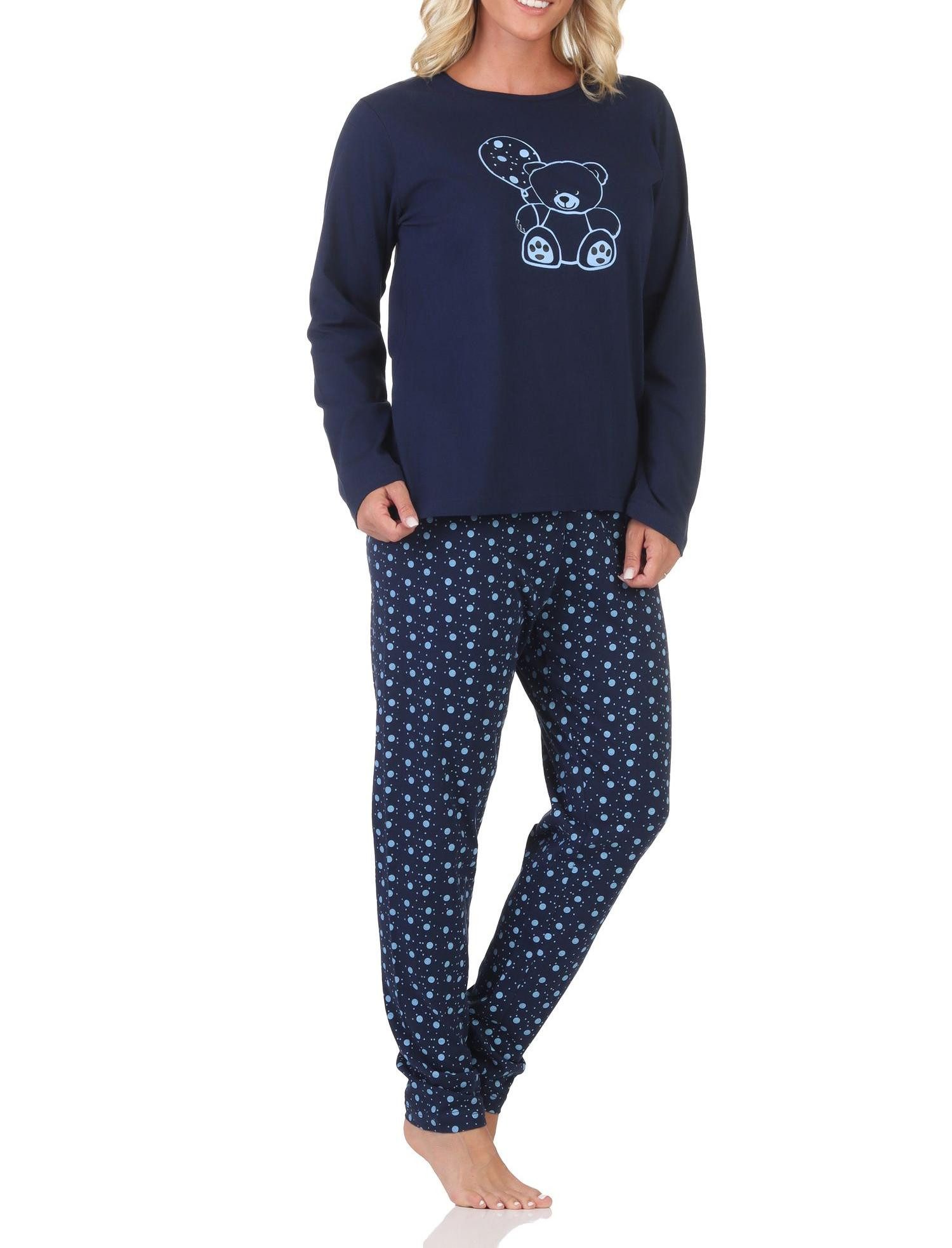 Normann Pyjama Normann Damen Pyjama Schlafanzug langarm mit süßem Teddy-Motiv