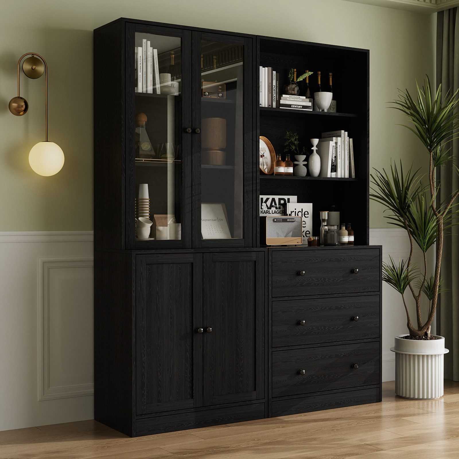 VOWNER Bücherregal 5-stöckiges Bücherregal mit Glastüren, 180 cm Vitrinenschrank, 2-tlg., multifunktionaler Küchenschrank Hochschrank & Buffetschrank